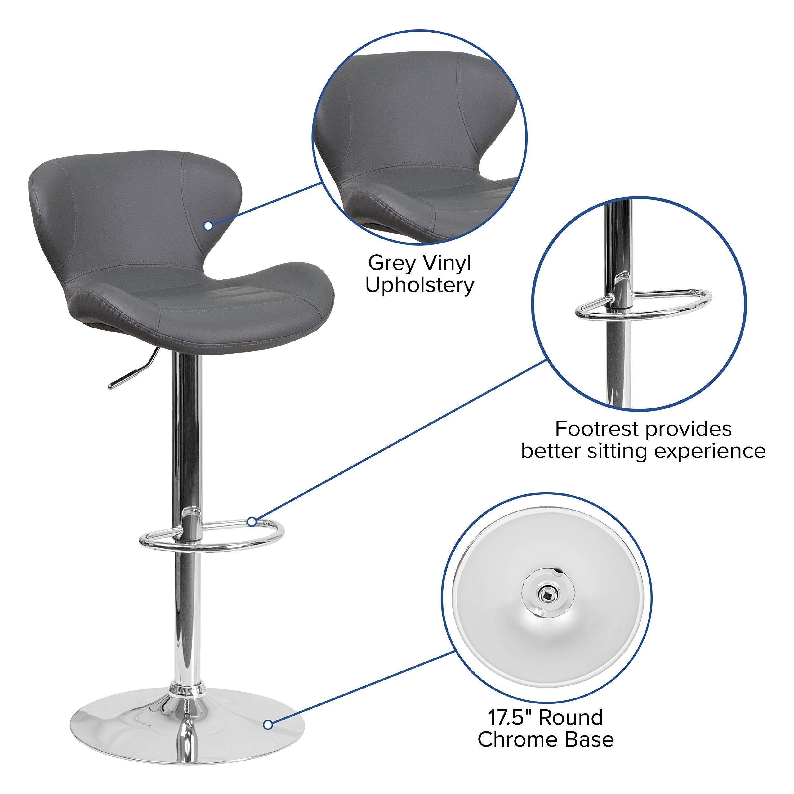 Adjustable Height Gray Vinyl Bar Stool with Curved Back - Perfect for Kitchen Islands, Breakfast Bars & Home Decor