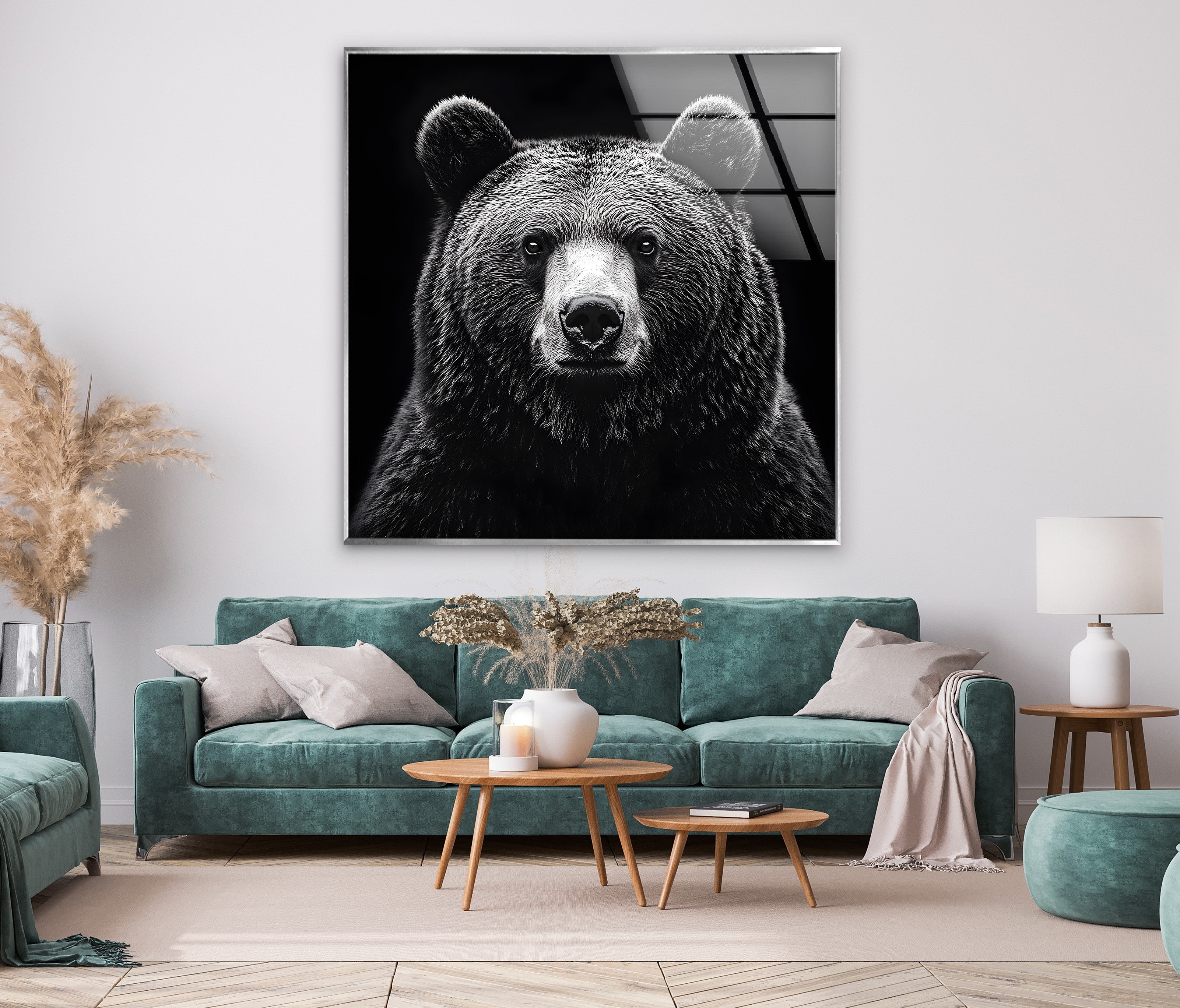 Black and White Bear Wall Art - Modern Animal Design on Glass for Living Room, Bedroom & Office Decor