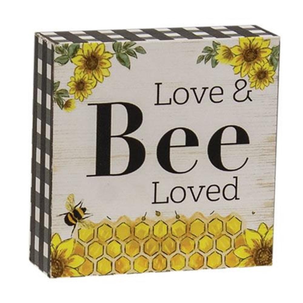 Love & Bee Loved Small Block - Cute Honeycomb Pattern Home Decor for Wall & Shelf - Perfect for Living Room, Bedroom & Nursery