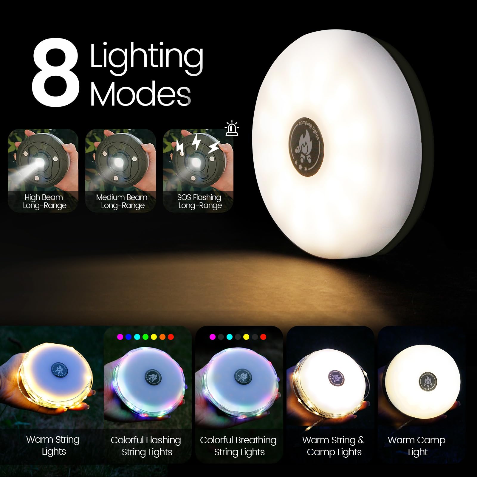 Rechargeable LED Camping String Lights - 4-in-1 Outdoor Lights with 8 Modes, IP44 Waterproof for Hiking, Backpacking, Tent, Yard & Christmas Decorations | Perfect for Camping, Emergency Lighting & Holiday Party Decor