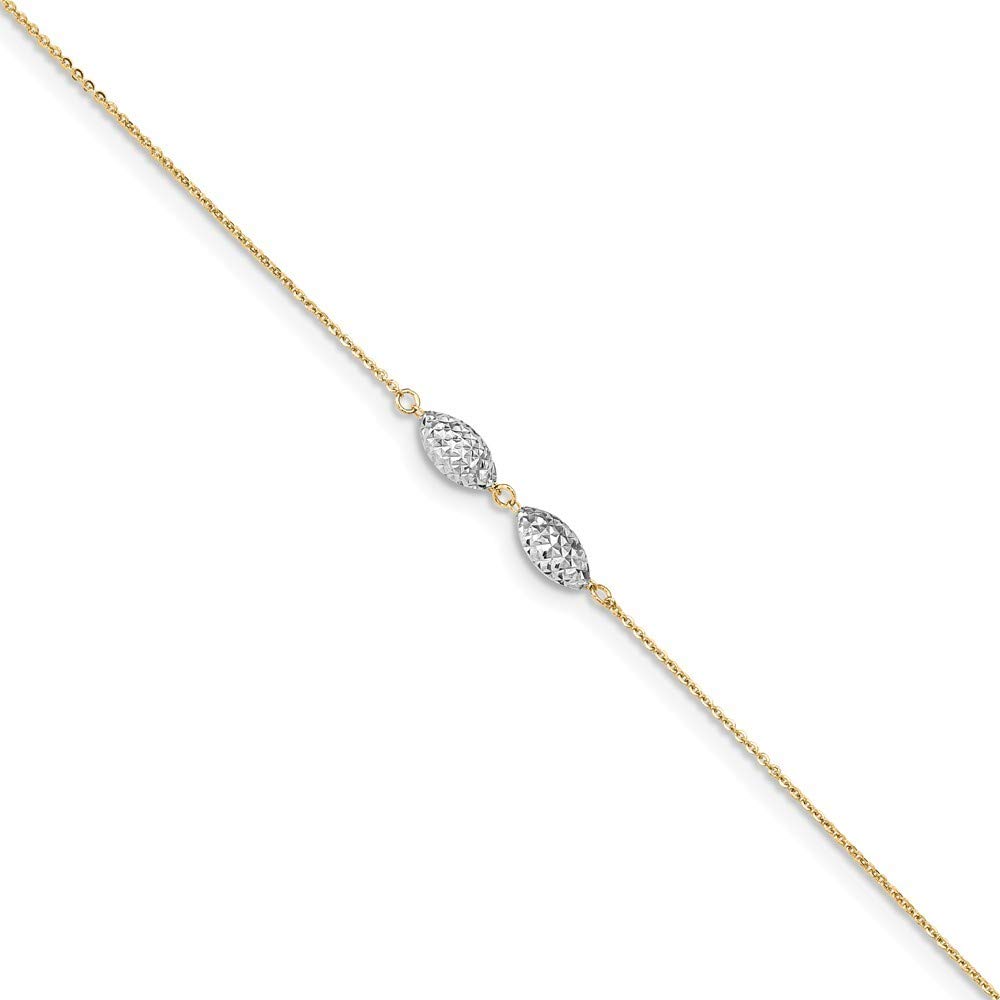 14K Two-Tone Gold Diamond Cut Puff Rice Beads Anklet with 1
