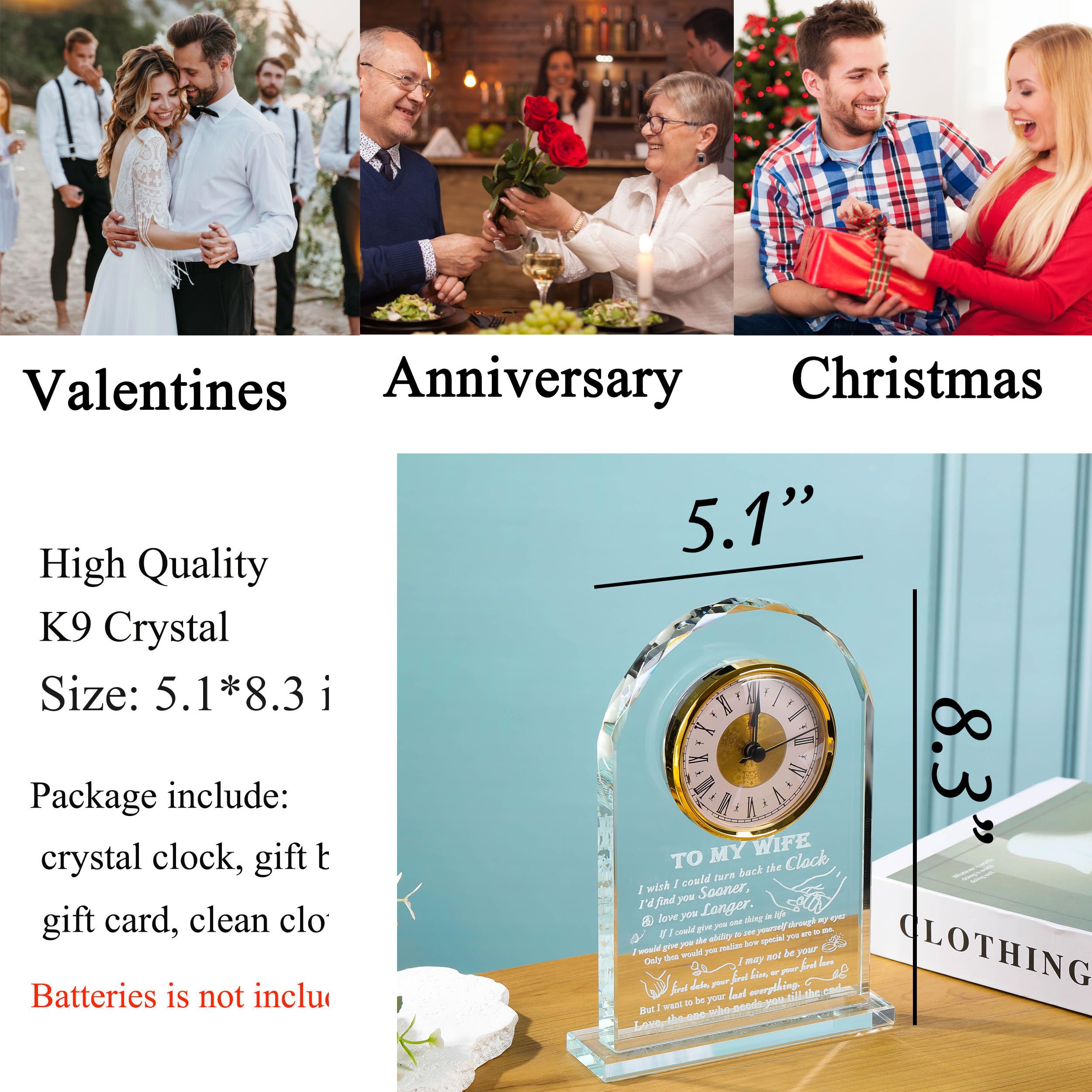 Personalized Crystal Clock Gift for Wife - Unique Anniversary, Birthday & Wedding Present from Husband - Thoughtful Keepsake for Her Desk, Office or Home Decor
