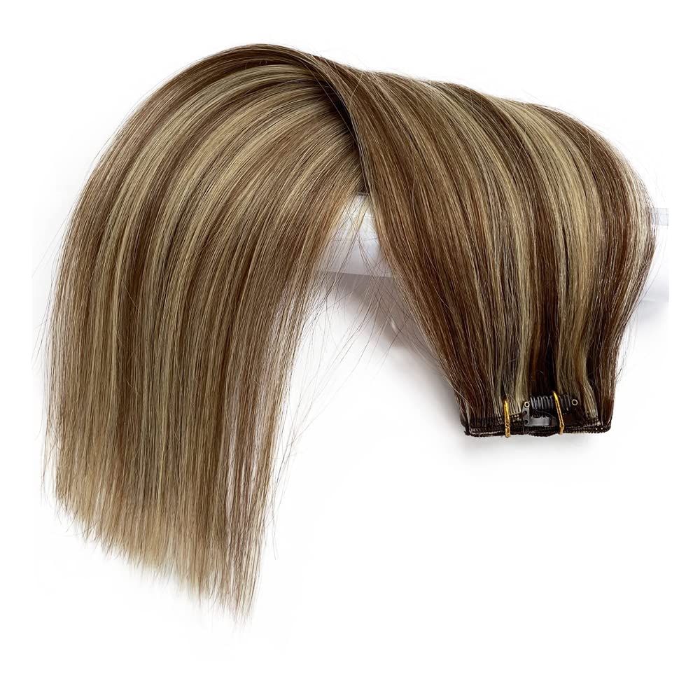 22 Inch Human Hair Clip-In Extensions - Balayage Chestnut Brown to Bleach Blonde Highlights | Soft Straight Thick Hair Wefts for Women | Perfect for Parties, Weddings & Daily Styling