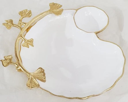 13x13.25x2 Inch Gold and White Leaf Pattern Chip and Dip Serving Tray - Perfect for Parties, Entertaining, and Home Decor