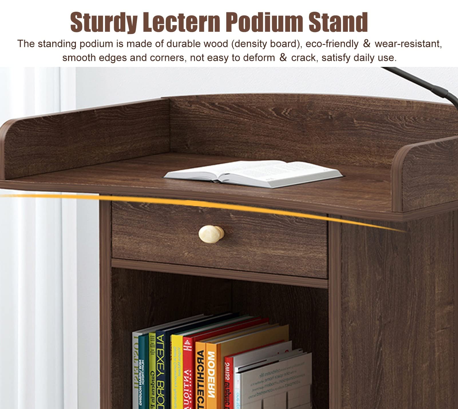 Wooden Lectern Podium Stand - Heavy Duty Floor Standing Pulpit for Church, School, Office & Restaurant - Compact Design with Drawer - 120cm Height - Perfect for Speeches, Presentations & Ceremonies