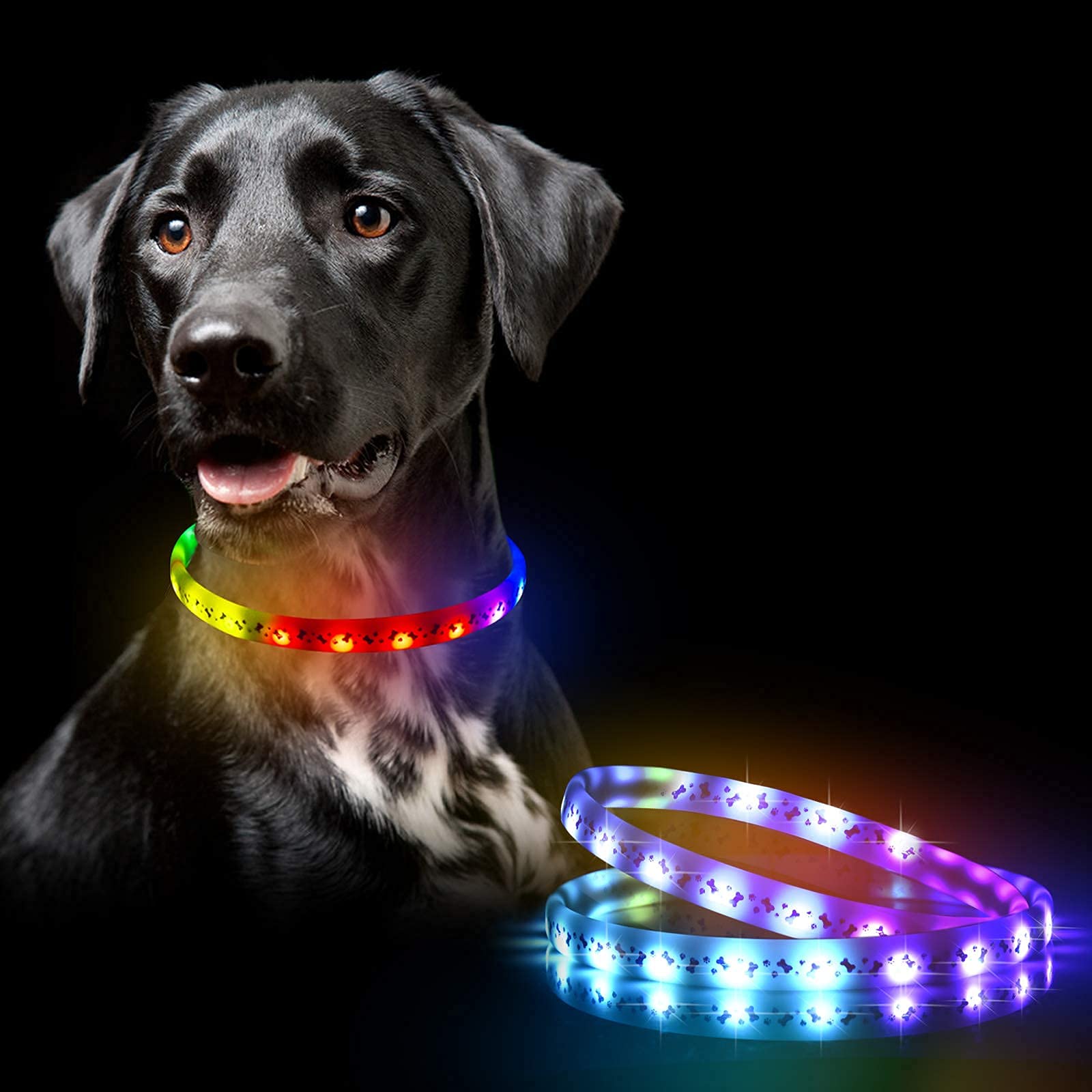 Glow in The Dark LED Dog Collar 2 Pack - USB-C Rechargeable RGB Light Up Dog Collars with Adjustable Length for Small Medium Large Dogs | Night Safety Reflective Collar for Walking Running Camping