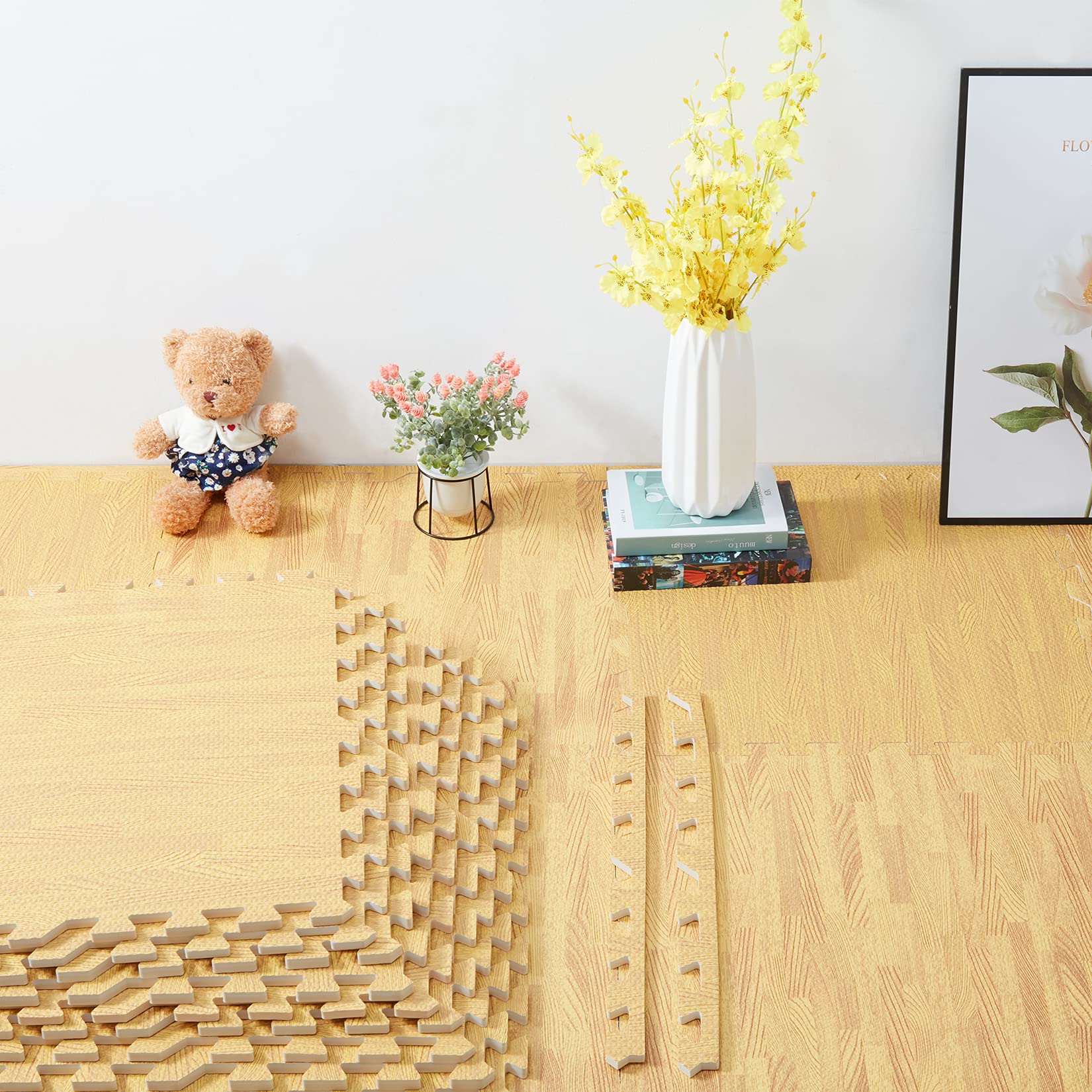 LUVODI 24-Piece EVA Foam Puzzle Mat - 60 x 60 cm Non-Slip Wood Grain Rubber Flooring for Baby Playroom, Home Gym & Kids Play Area - Light Brown Interlocking Tiles for Safe Crawling & Exercise