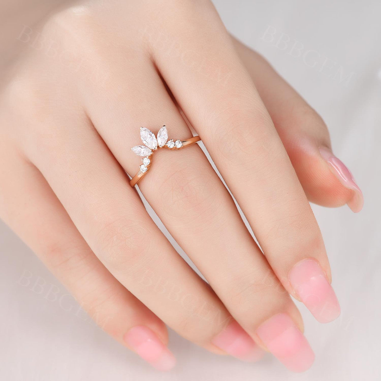 18K Rose Gold Three Stone Graduated Marquise & Round Moissanite Diamond Curve Band Ring | Elegant Wedding, Engagement, Anniversary Jewelry Gift for Women