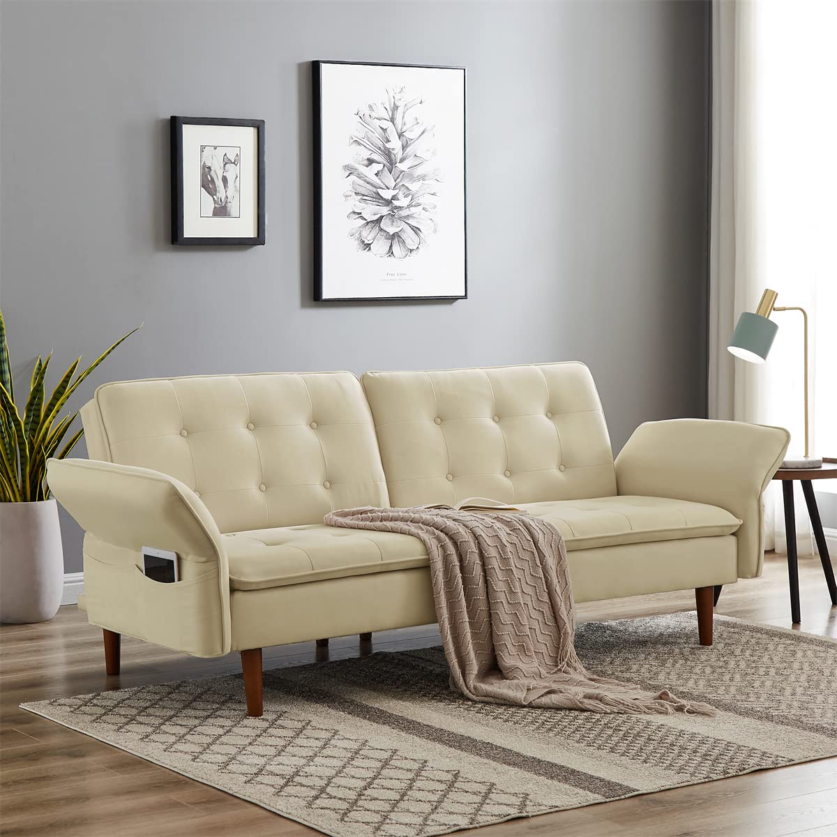 Convertible Loveseat Sleeper Sofa Bed - Adjustable Upholstered Linen Futon Couch with Rubber Wood Legs & Side Pockets - Beige Modern Sofa for Small Spaces, Living Room, Bedroom, Guest Room & Home Office