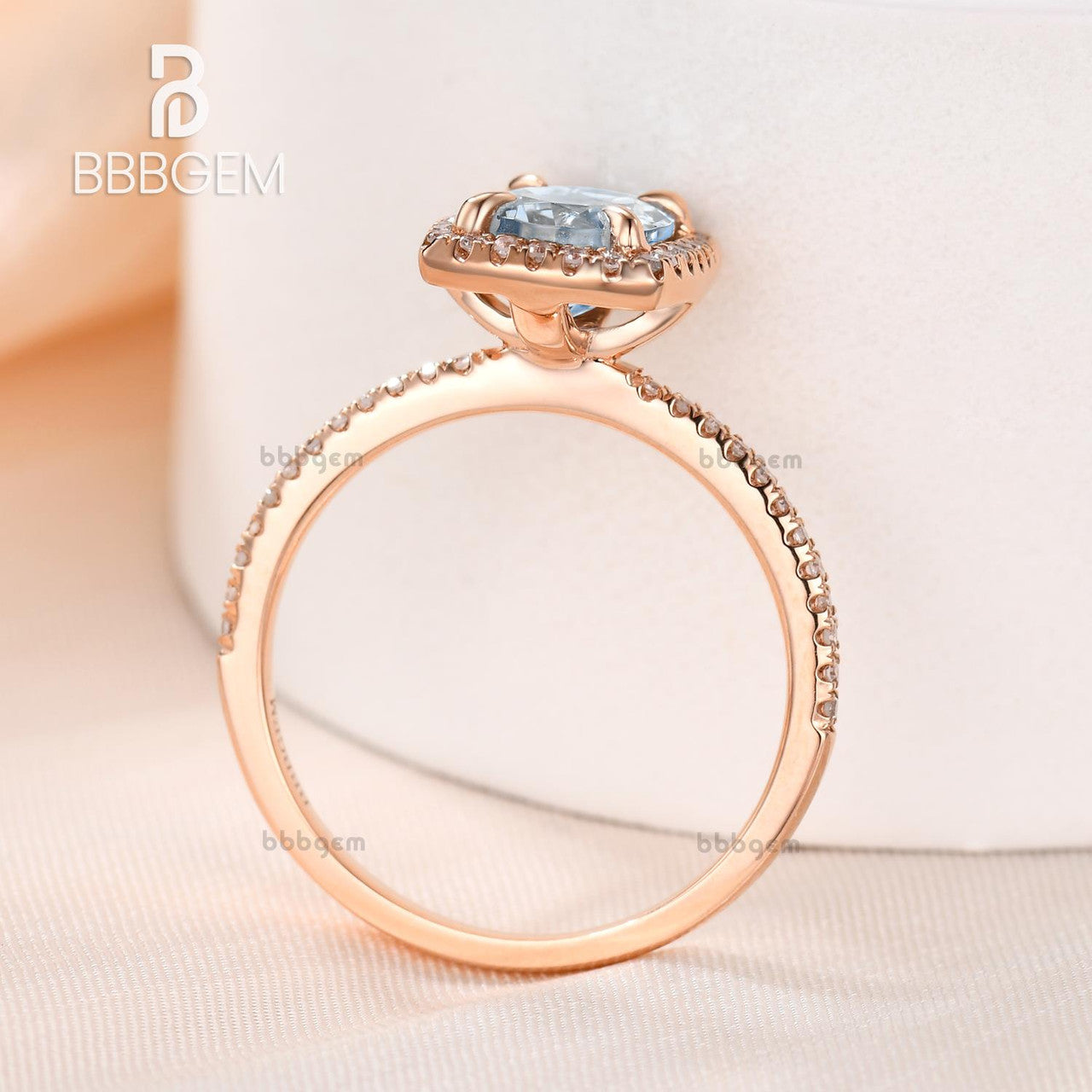 6x8mm Oval Aquamarine Engagement Ring - 14k Rose Gold Diamond Wedding Ring with Blue Gemstone Pave & Cushion Halo - Thin Elegant Design for Bridal, Anniversary & Proposal Gifts