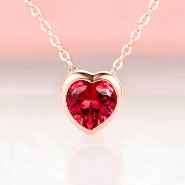 14K Rose Gold Vermeil Heart Ruby Necklace - Elegant Valentine's Day Gift for Her, Anniversary Present, Romantic Jewelry for Women