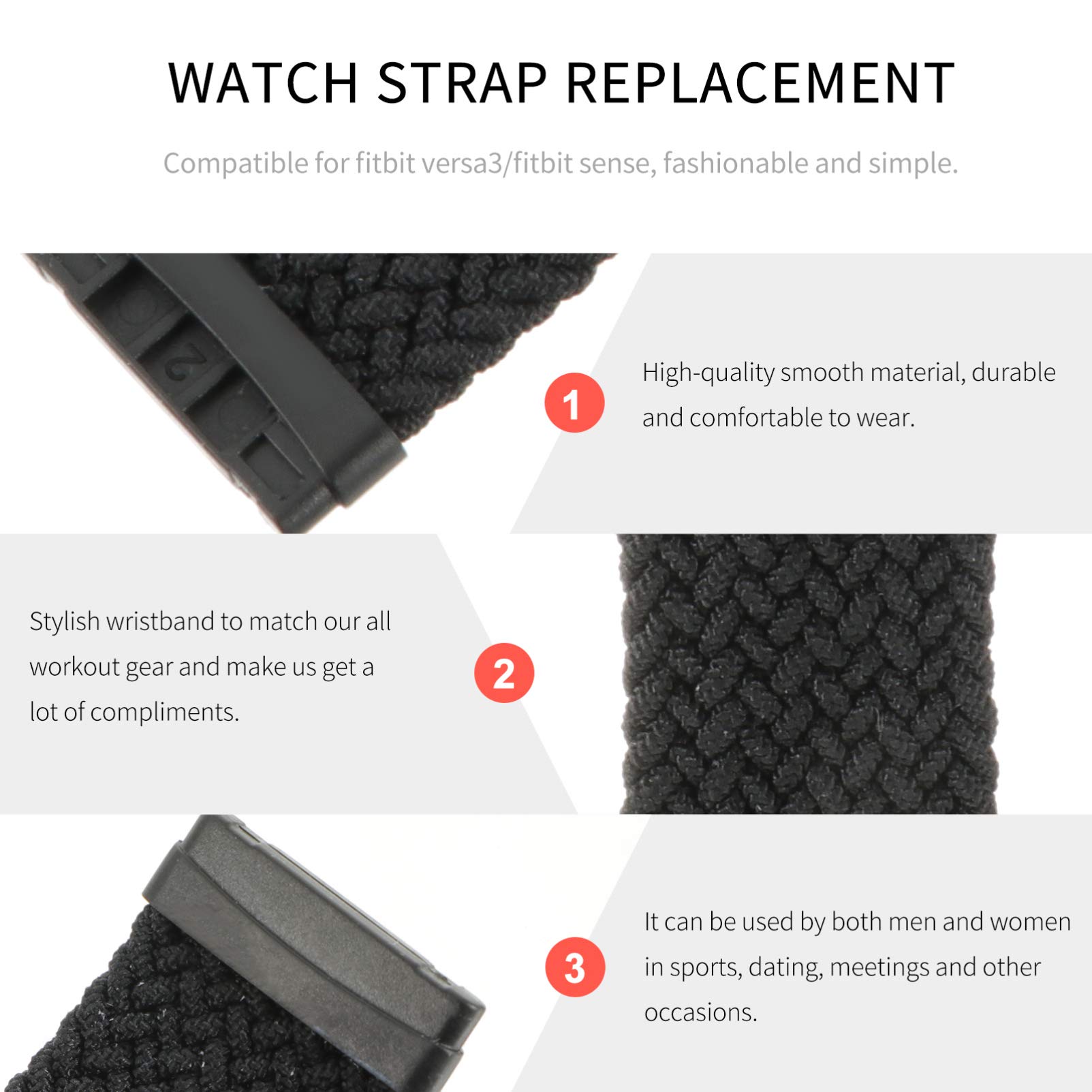 UKCOCO Braided Stretch Loop Watch Band Compatible with Fitbit Versa 3 & Sense - Soft Woven Replacement Strap for Women & Men - Perfect for Workouts, Running & Everyday Wear