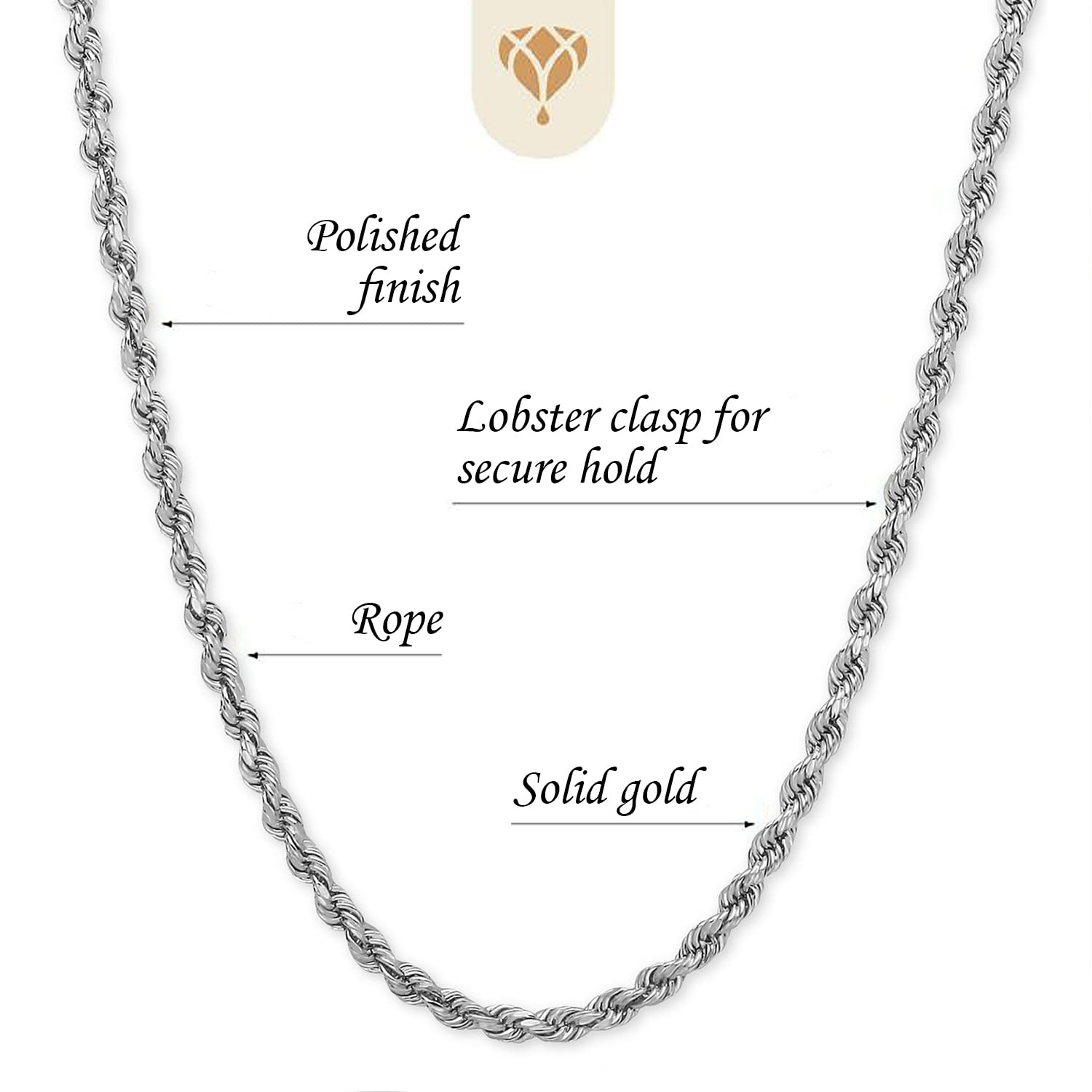 14K Real White Gold Hollow Rope Chain Necklace - 1.5mm, 2mm or 2.5mm Thick - Shiny Finish with Lobster Clasp - 16