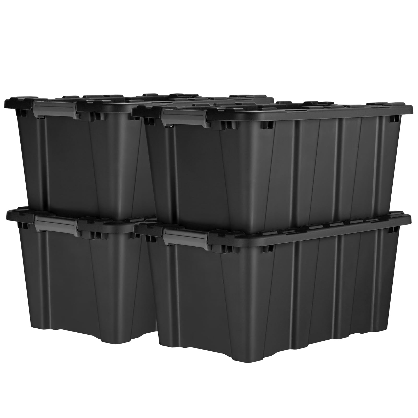BROVIEW V12 11 Gallon Plastic Storage Bins with Latching Lids - Stackable Heavy Duty Tote Containers with Lock Holes & Handles for Garage, Workshop, Closet Organization (Black Base/Lid, 4-Pack) - Perfect for Home Storage, Office Supplies & Industrial Use