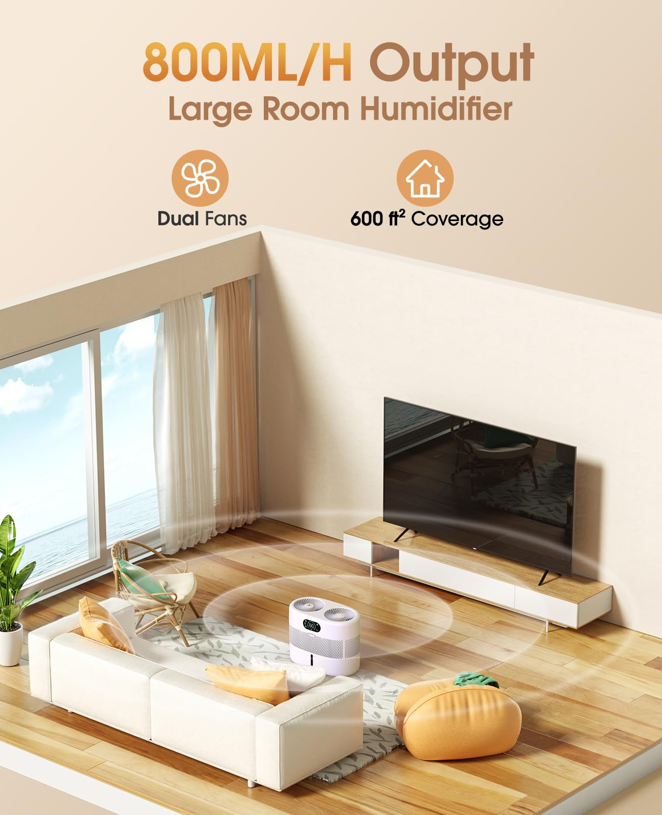 Reusable Wick Evaporative Humidifier for Large Bedrooms - 800ml/h Output, 3 Speed Settings, 2 Gallon Capacity with Auto Shut-Off & Timer | Quiet Operation, No White Dust | Perfect for Baby Nurseries, Home Offices & Dry Climate Relief