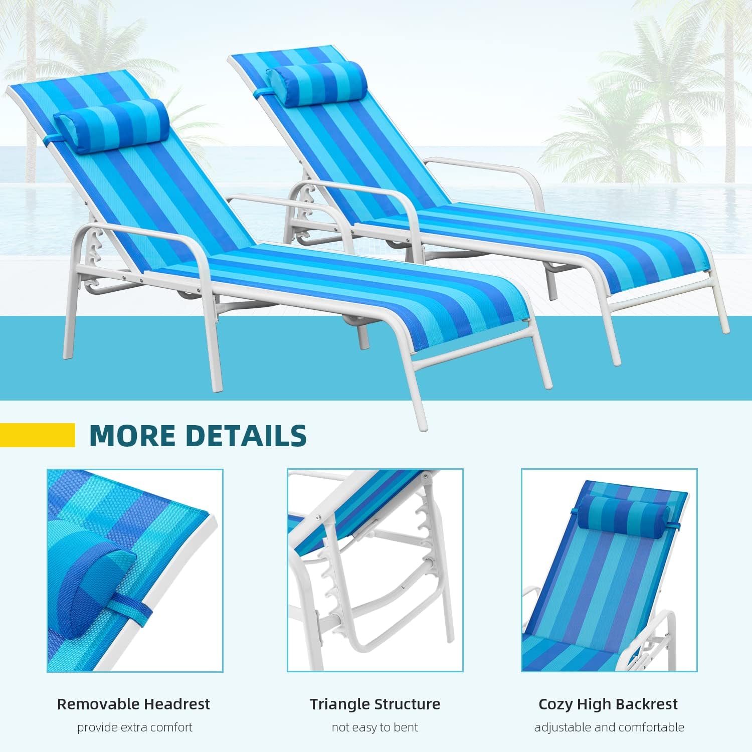 **EROMMY 2-Piece Patio Chaise Lounge Set - Outdoor Reclining Chairs with Adjustable Backrest, Waterproof & UV-Resistant Fabric (Blue) - Perfect for Poolside, Garden, or Backyard Relaxation**
