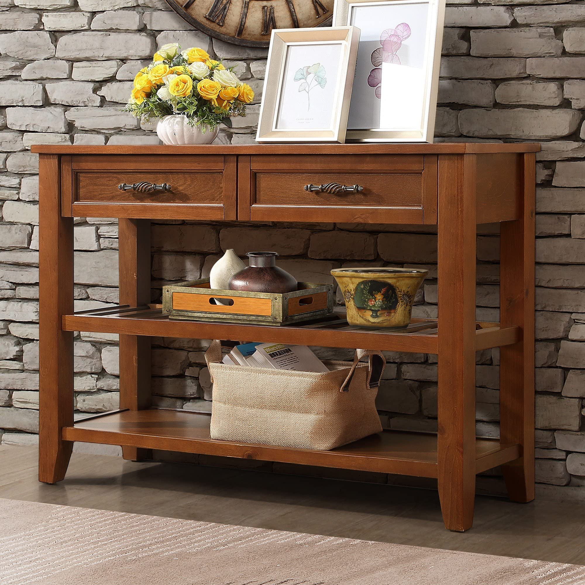 Knocbel Entryway Console Table with 2 Storage Drawers & 2 Shelves - Hallway Sofa Table for Foyer, Living Room, Bedroom - Easy Assembly Brown Wooden Furniture for Home Decor & Organization