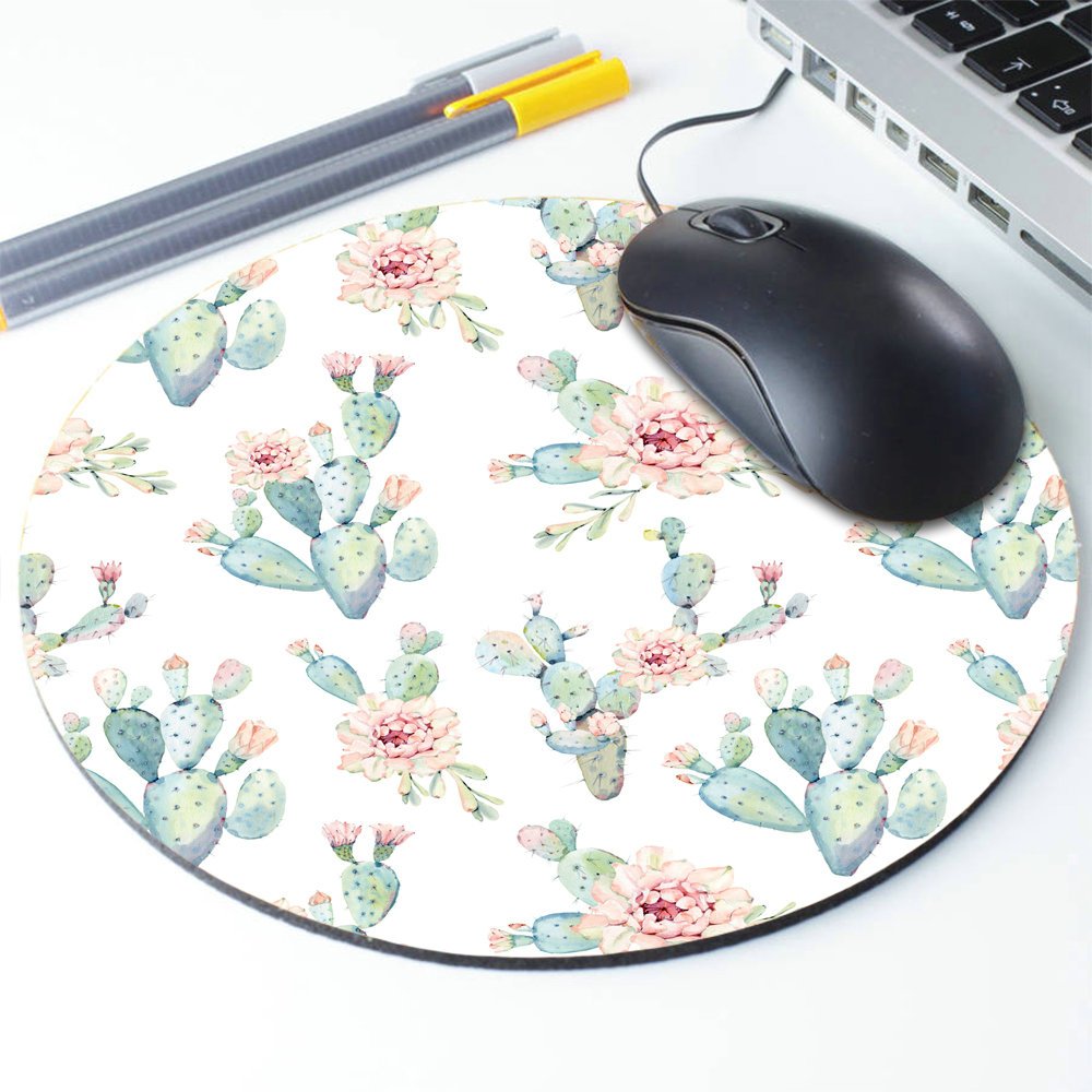 Hand Drawn Watercolor Saguaro Cactus Round Mouse Pad - Non-Slip Rubber Base Gaming Mouse Mat for PC, Laptop & Office Workspace