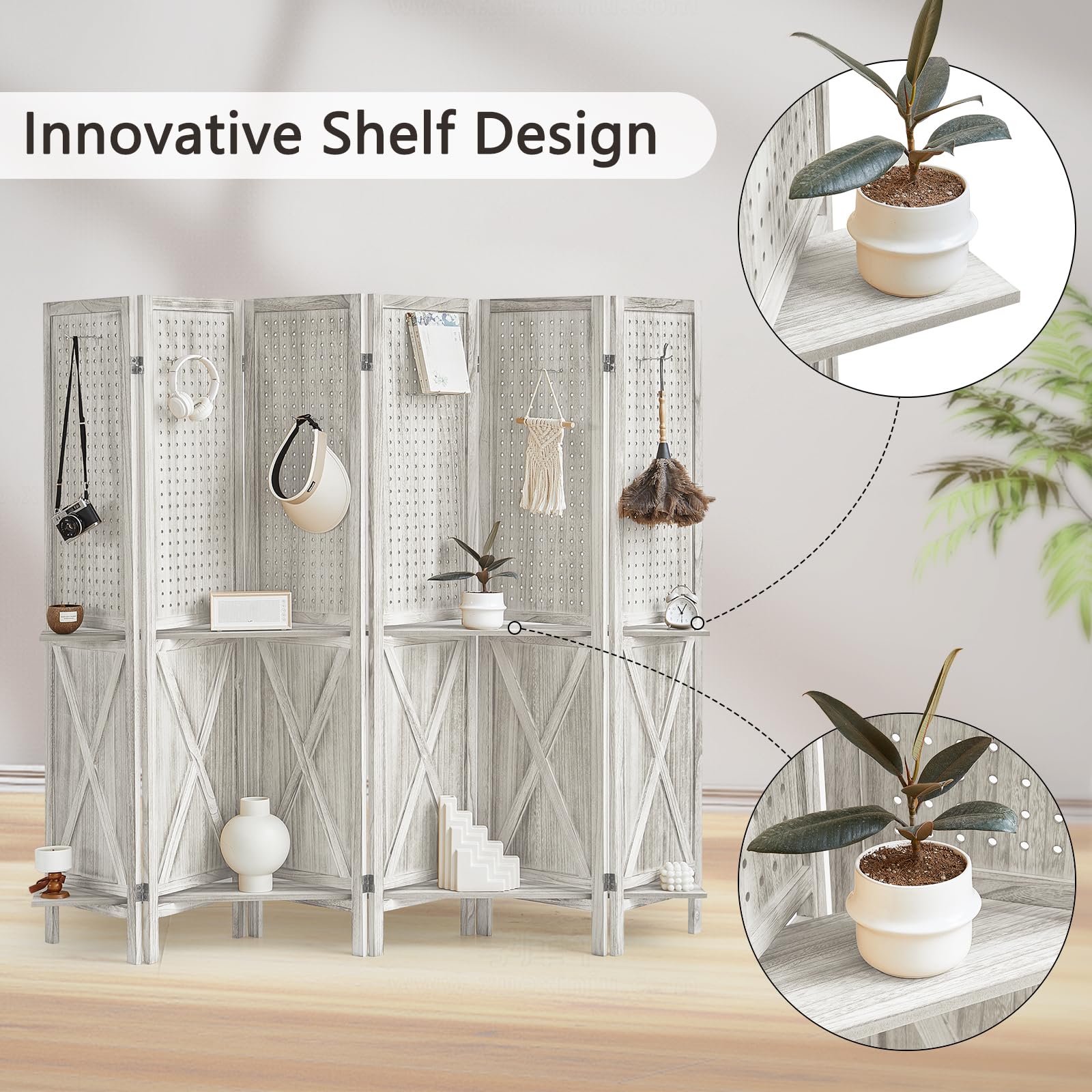6 Panel Wood Room Divider with Shelves - Foldable Privacy Screen & Pegboard Display - Portable Partition Wall for Home, Office, Store (Off White) - Perfect for Space Division, Room Organization & Retail Displays