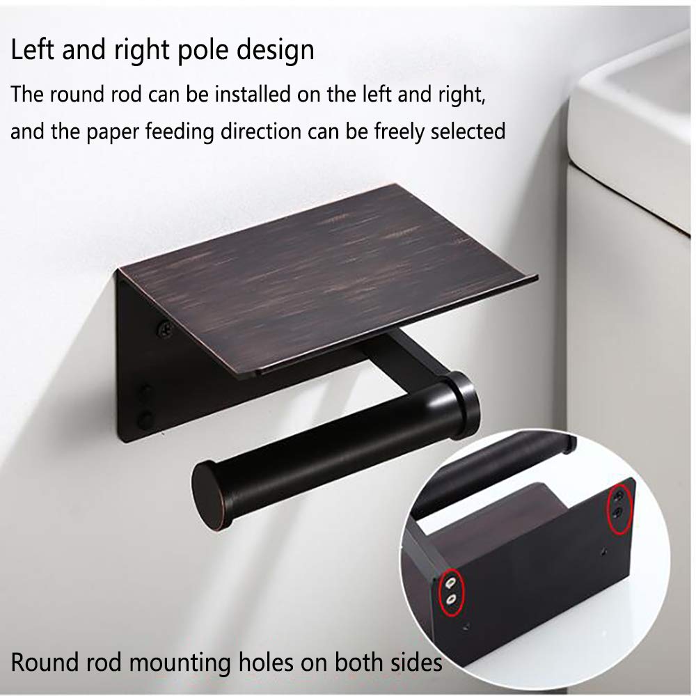 Wall Mounted Toilet Paper Holder with Shelf - Aluminum Bathroom Tissue Roll Dispenser & Phone Storage Organizer for Bathroom, Kitchen, Hotel - Black Ancient Finish (Drilling Required) | Perfect for Small Spaces & Modern Home Decor