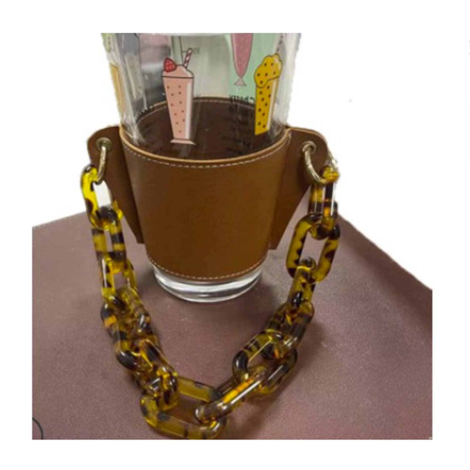 Premium Leather Drink Sleeve with Handle - Reusable Travel Coffee Cup Holder, Detachable Metal Chain for Convenience, Insulated Portable Beverage Cup Sleeve (Brown) - Perfect for Coffee Lovers, Commuting, Office Use & Outdoor Activities
