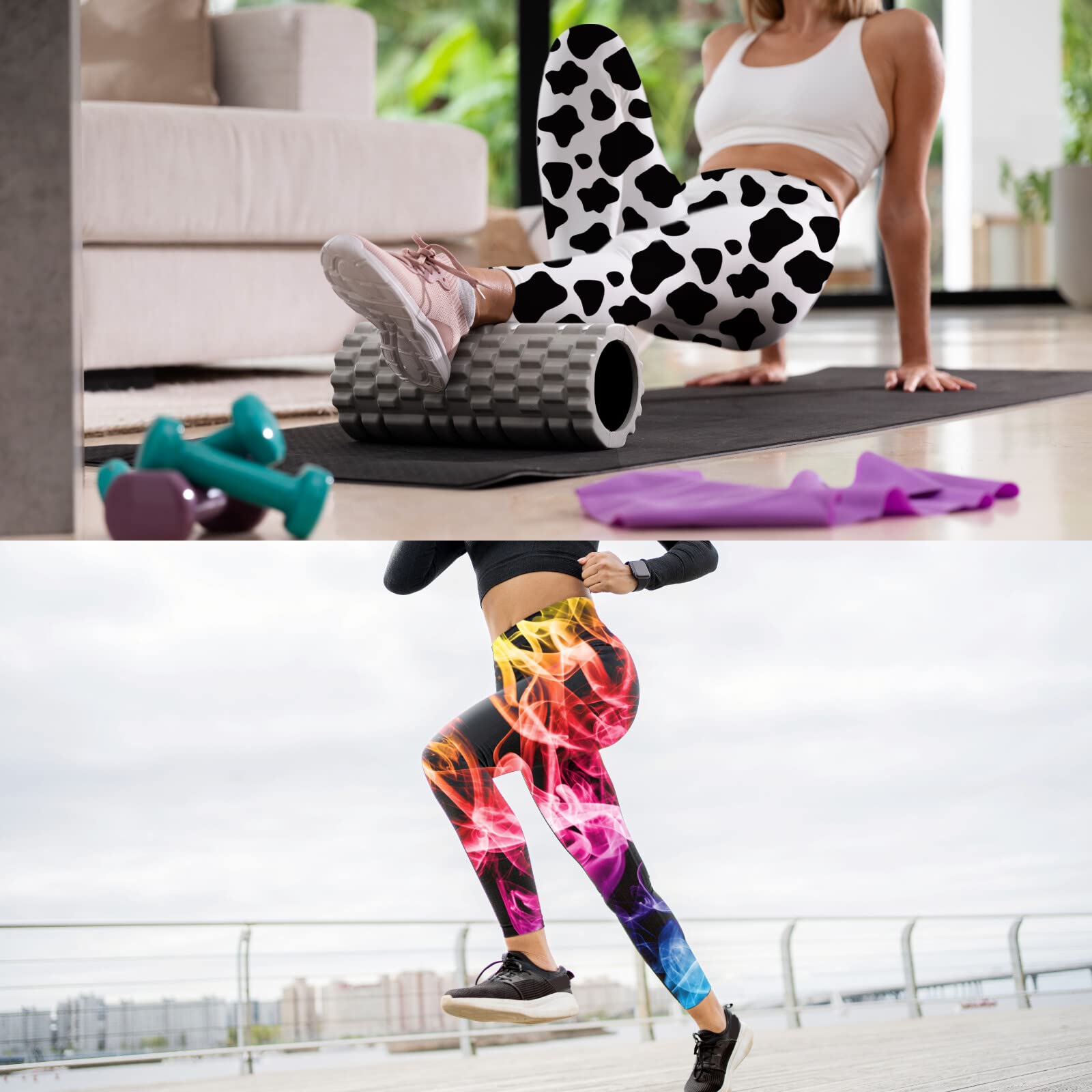 Artsadd Women's High Waisted Yoga Pants - Cow Print Leggings 7/8 Length Capris with Tummy Control - Compression Running Tights for Yoga, Workout & Casual Wear