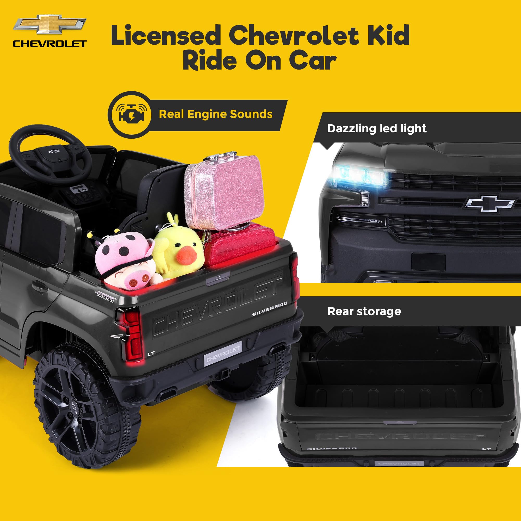Licensed Chevrolet Kids Electric Ride-On Truck - 12V Battery-Powered Toy Car with LED Lights, MP3 Player & Storage - Black | Outdoor Play, Birthday Gifts for Boys & Girls Ages 3-8