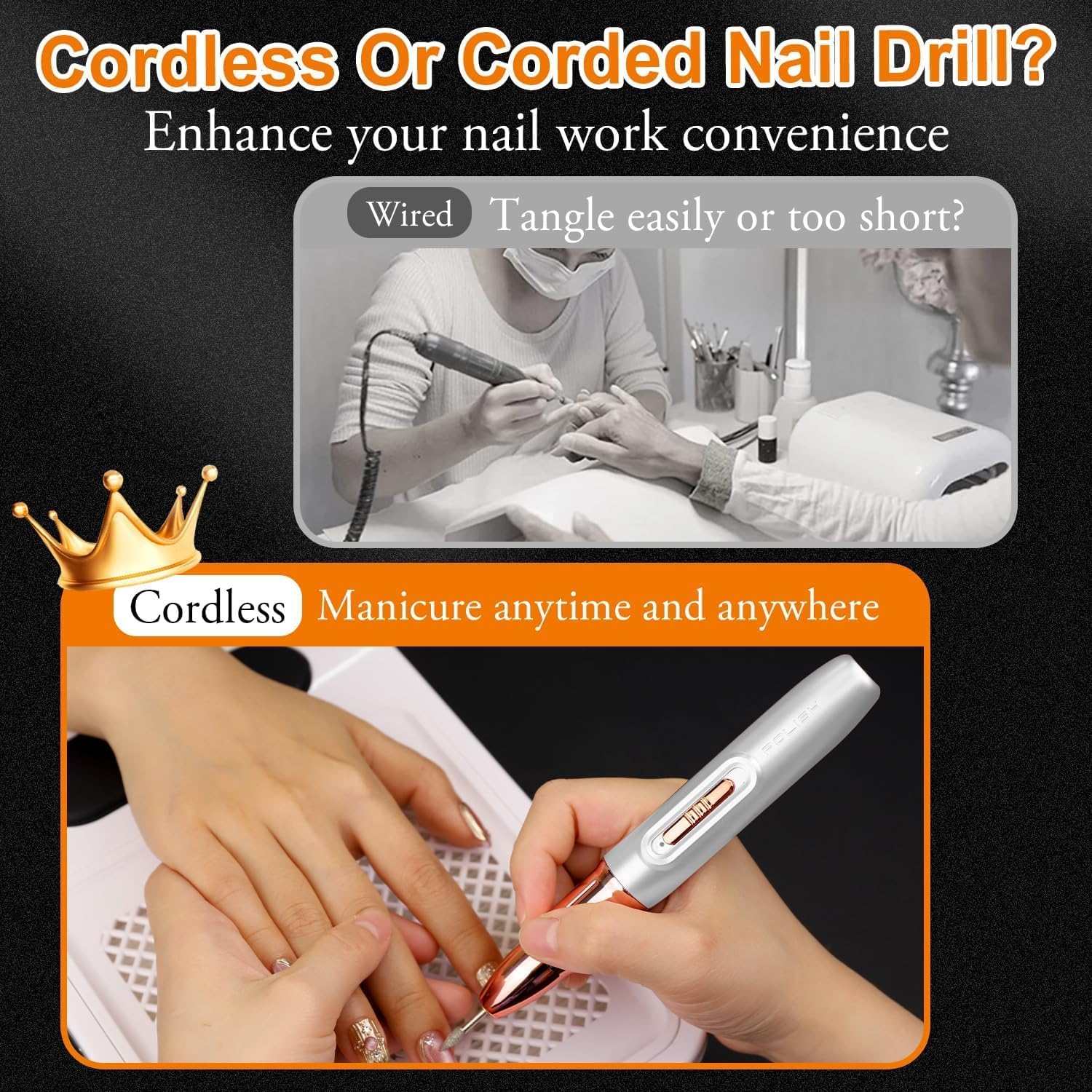 Professional Cordless Electric Nail Drill 30000RPM - Rechargeable Nail File Kit with Drill Bits & Sanding Bands for Acrylic, Gel Polish & Nail Removal (White Gold) - Perfect for Home Manicures & Salon Nail Care