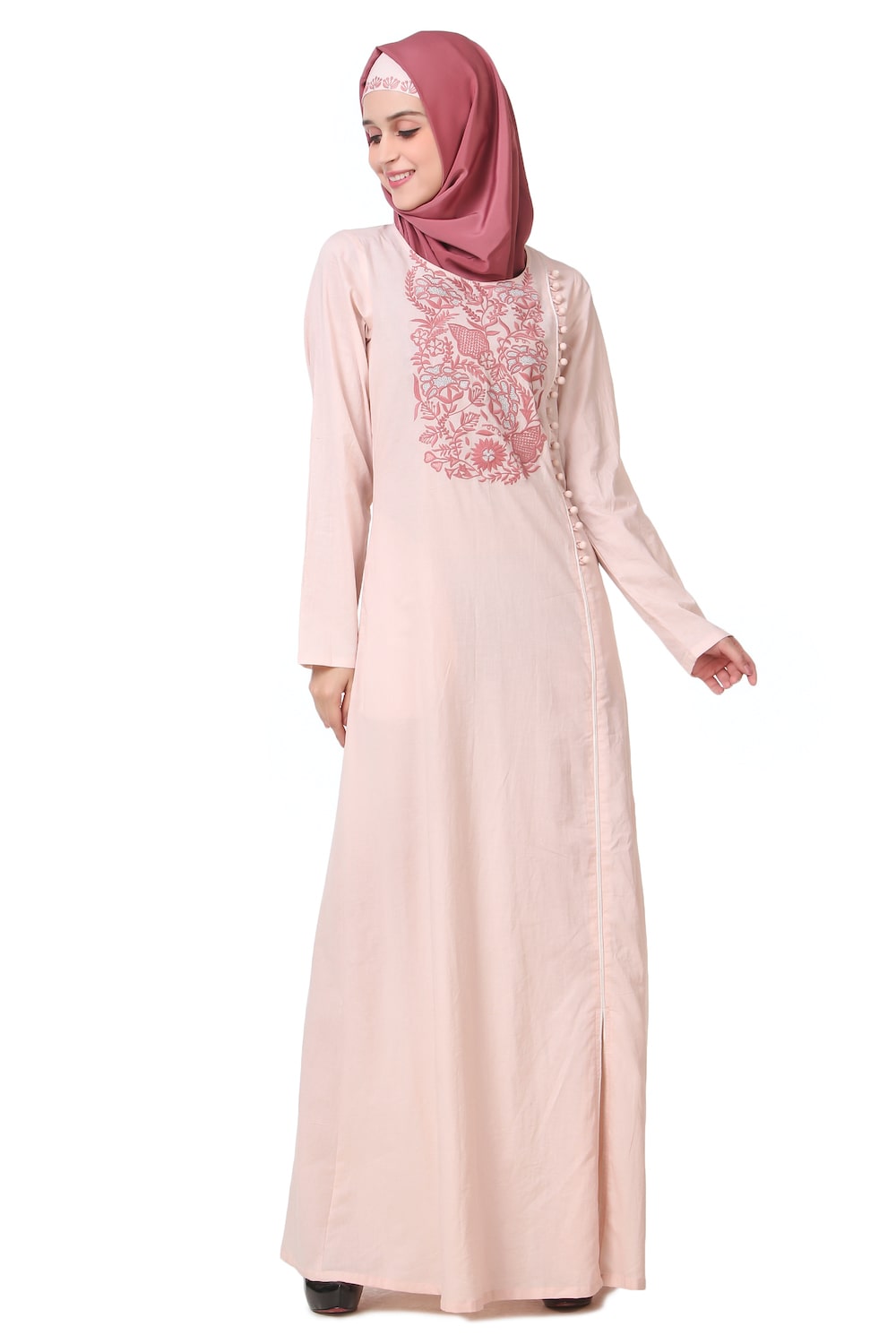 Embellished Side Button Cotton Abaya Dress for Women - Modest Islamic Prayer Dress for Mosque & Special Occasions
