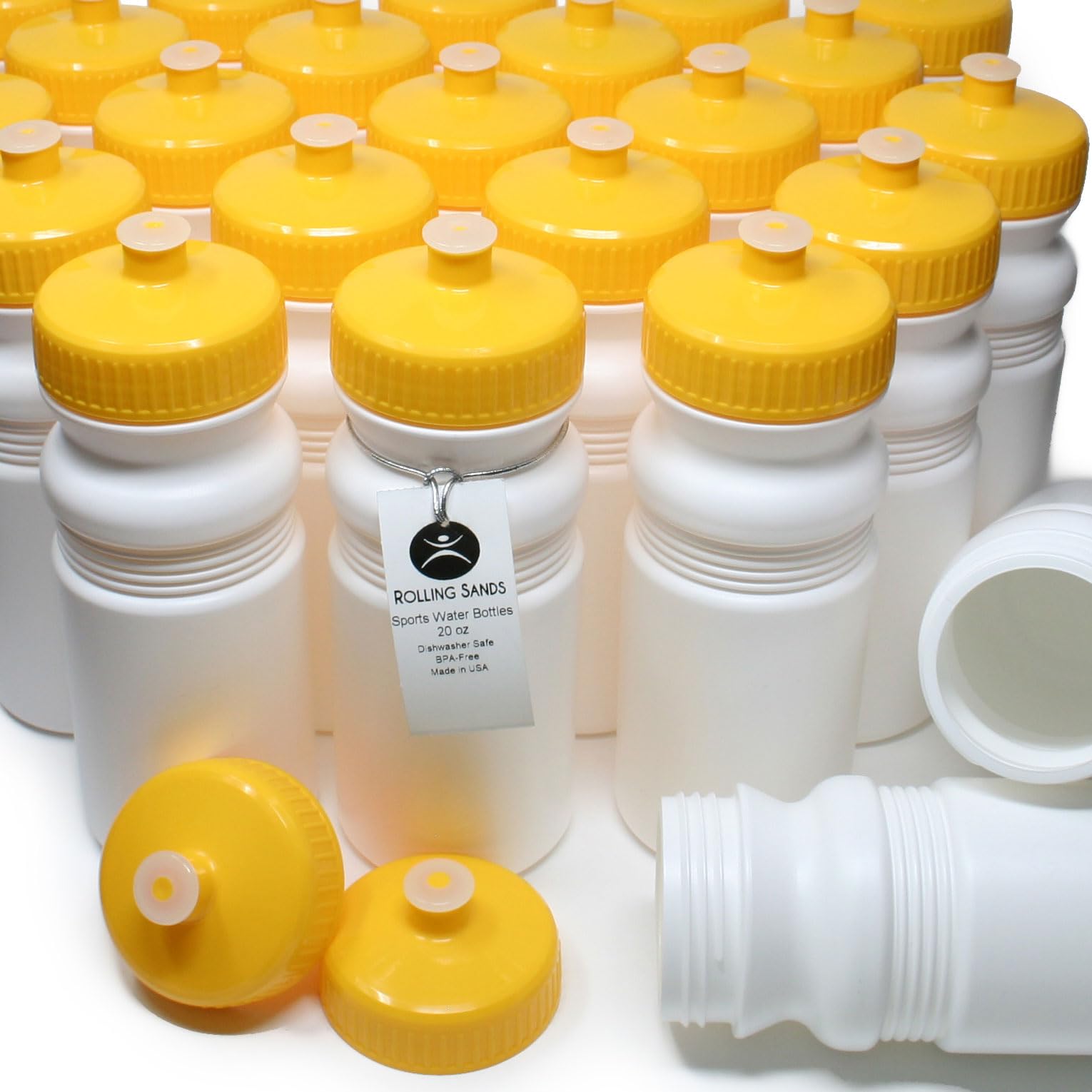 Rolling Sands 20oz BPA-Free Sports Water Bottles 100 Pack - Dishwasher Safe, Made in USA - Perfect for Gyms, Schools, Offices & Team Sports Hydration