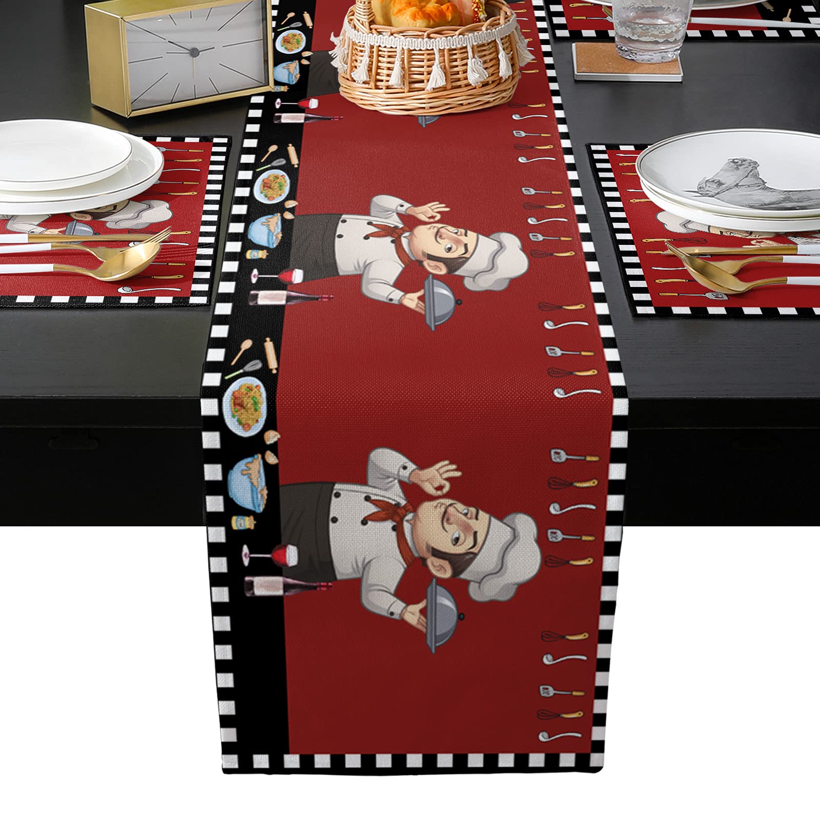 Fat Chef Table Runner and Placemats Set of 4 - Farmhouse Burlap Kitchen Decor for Party, Wedding & Dining - Chef-Themed Place Settings for Home, Restaurant & Holiday Gatherings