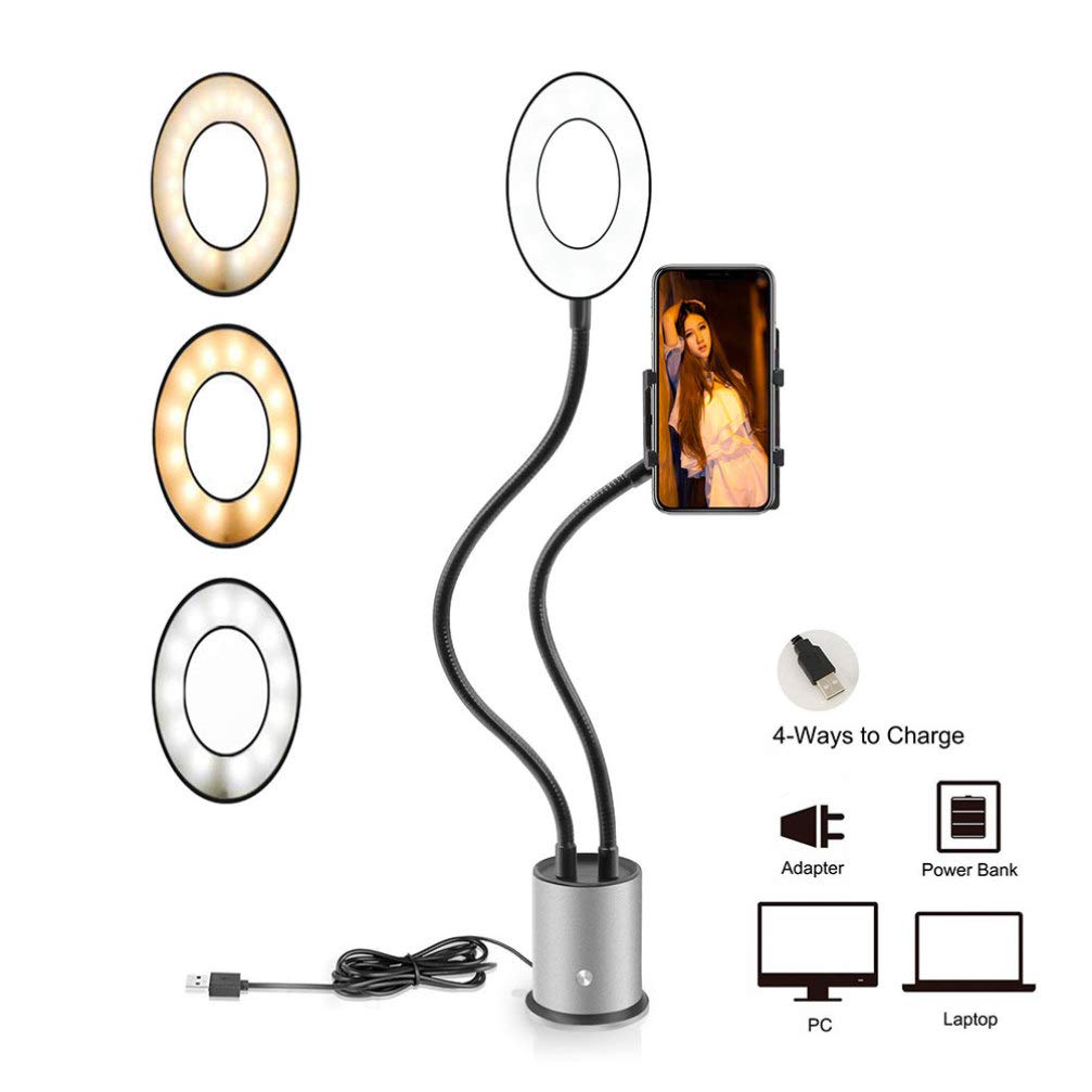 LED Ring Light Phone Holder with Stand - Adjustable Desktop Clip for Live Streaming, Video Calls, Makeup & Selfies - Perfect for YouTube, TikTok & Instagram Content Creation