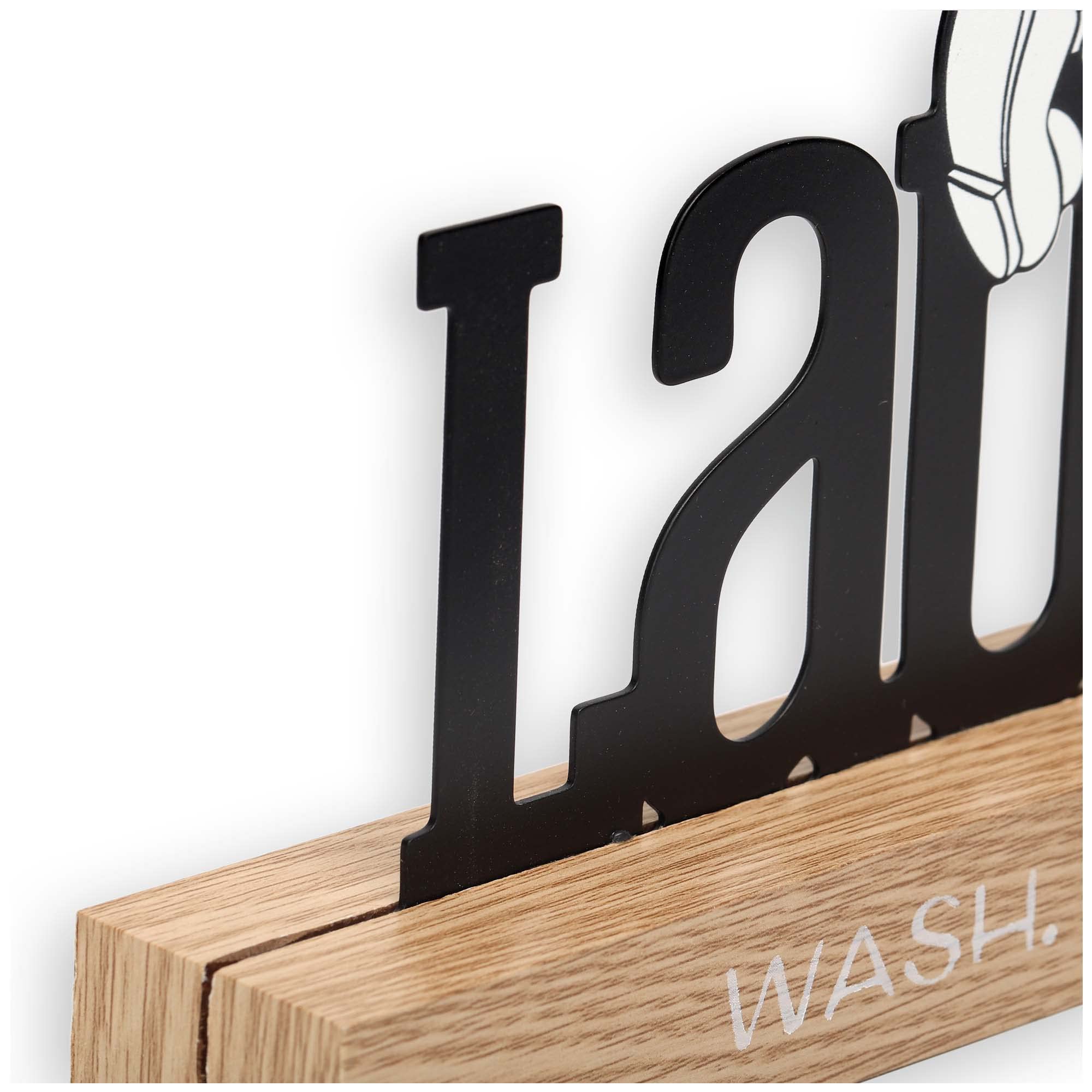 Disney Mickey Mouse Laundry Room Decor - Wash Dry Fold Repeat Metal Sign on Natural Wood Base for Home, Kitchen, Laundry Room Organization & Disney Fan Gift
