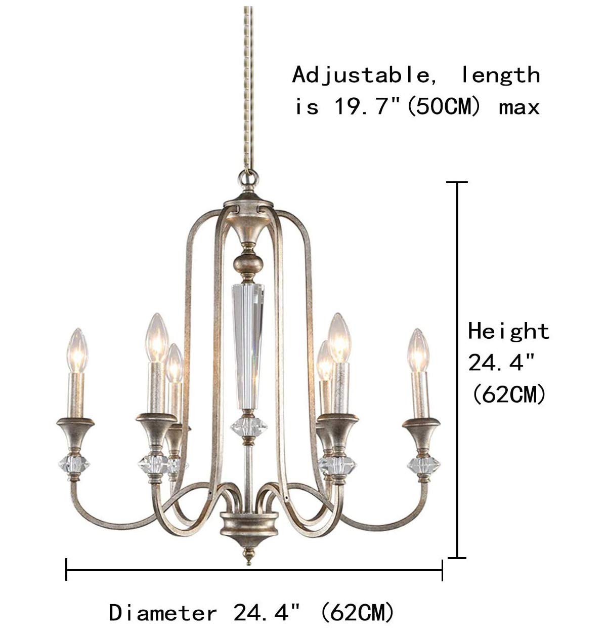 Siljoy Rustic Iron Chandelier - Farmhouse Traditional Candle Style Crystal Lighting Fixture for Dining Room, Kitchen Island & Living Room | Chrome Finish | Perfect for Country Home Decor & Cozy Ambiance