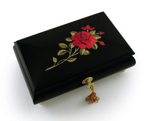 30-Note Black Lacquer Jewelry Music Box with Gold Hardware & Red Rose - Plays La Vie En Rose & Other Melodies - Perfect Gift for Anniversaries, Weddings & Romantic Occasions