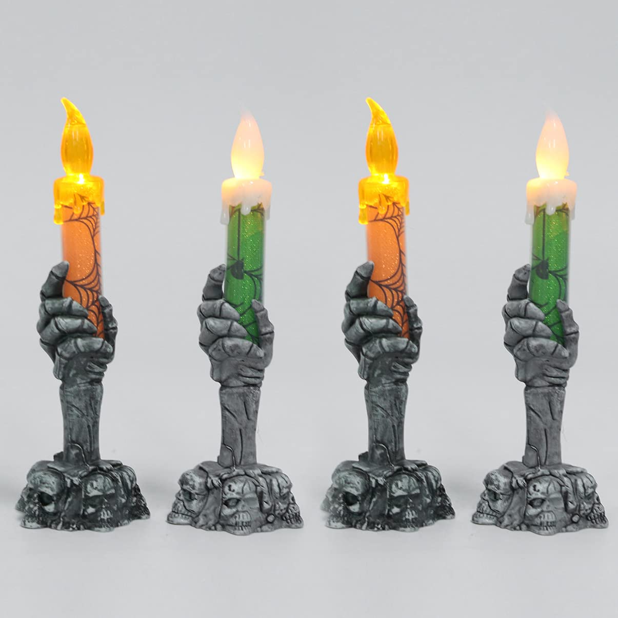 Uonlytech 4-Piece Skeleton Hand Candle Holder Set - Halloween Skull Candelabra with LED Lights for Spooky Party Decor, Haunted House, Bar, and Home Decoration