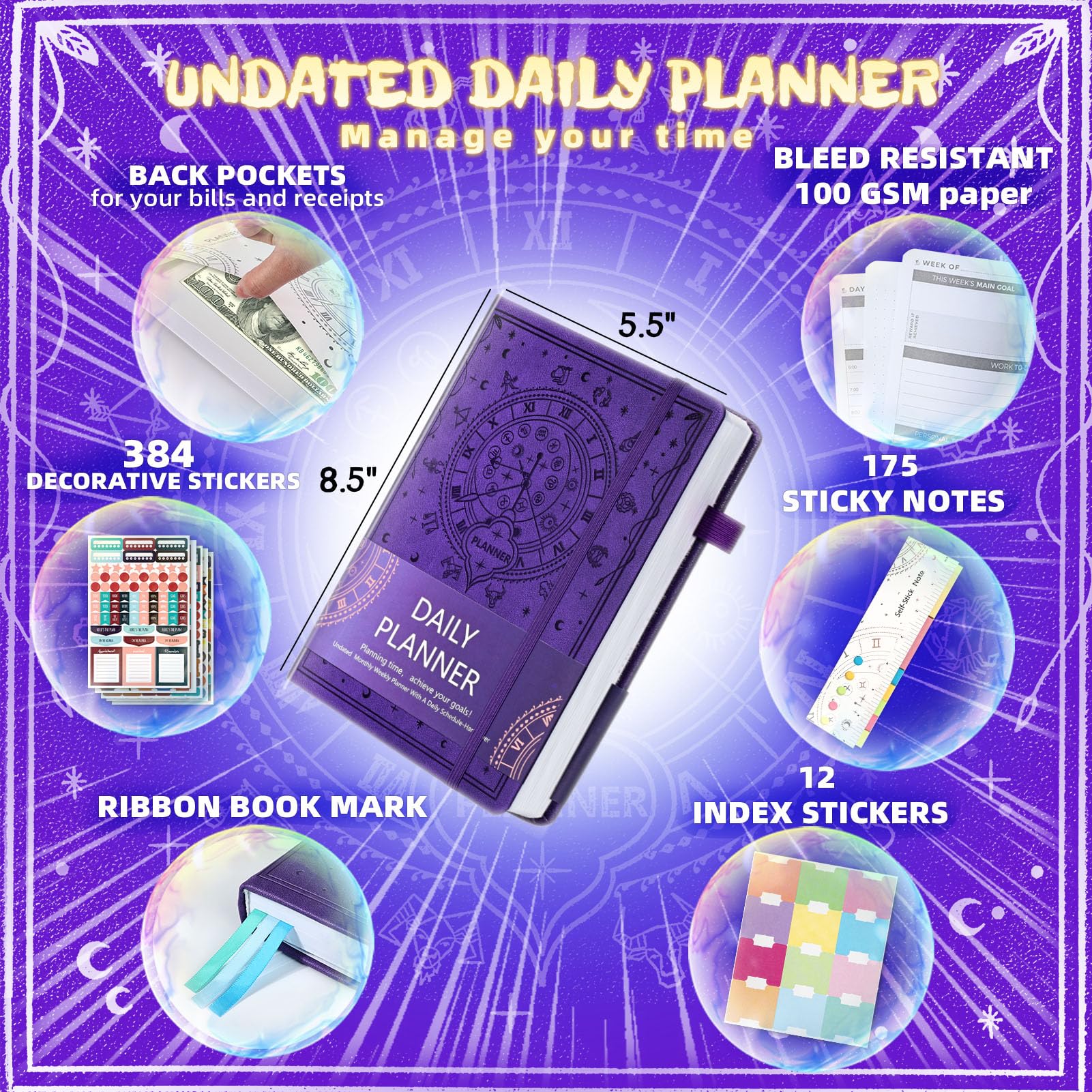 Ospelelf 2025 Leather Undated Daily Planner (5.5 x 8.5'') - Weekly & Monthly Life Organizer, A5 Hardcover Productivity Journal with Stickers (Purple) | Perfect for Work, School, and Personal Goal Tracking