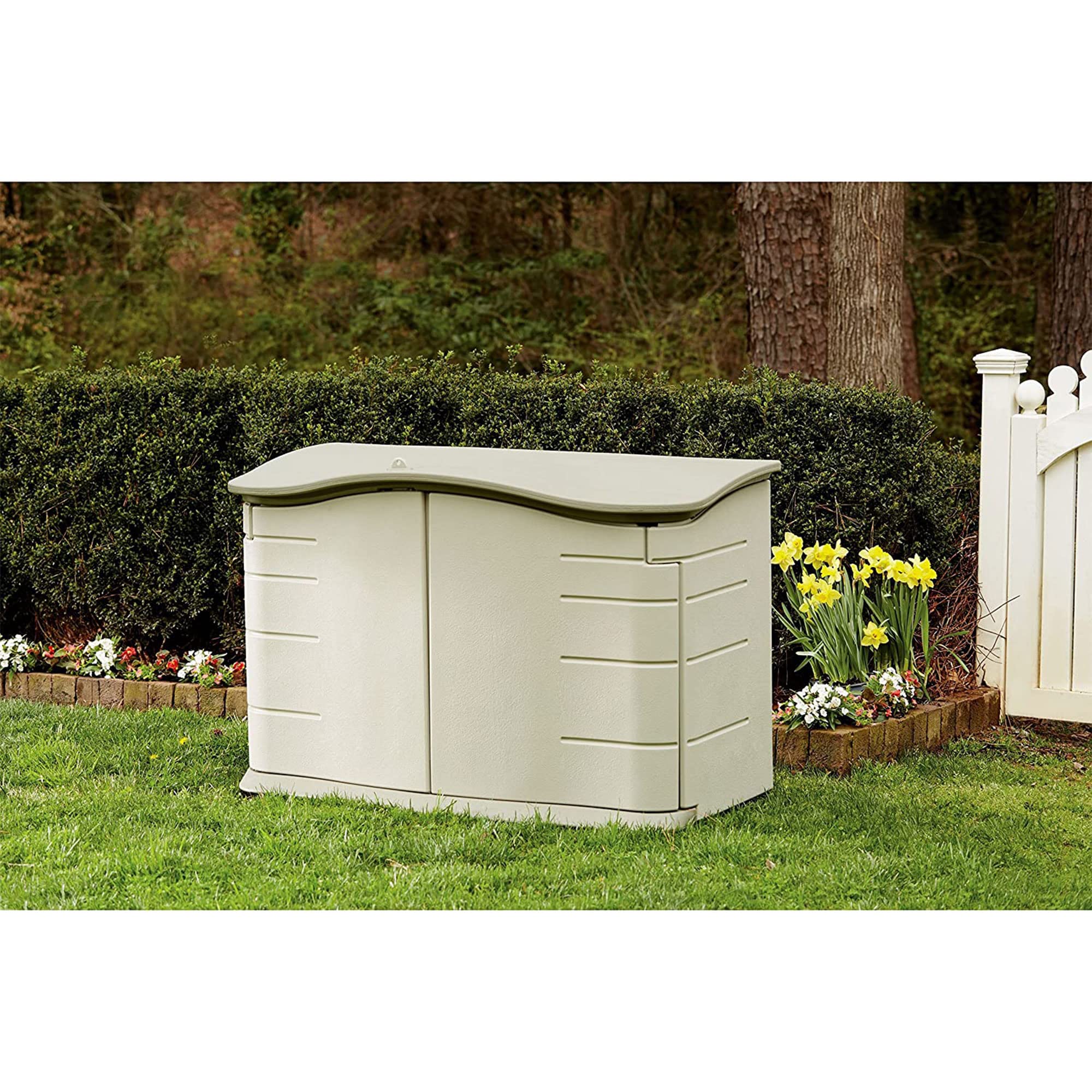 Rubbermaid 4.5x3 Ft Small Horizontal Resin Outdoor Storage Shed with Floor - Weather Resistant Beige/Brown Organizer for Garden Tools, Pool Chemicals, Patio Cushions, Toys & More - Perfect for Backyard, Garage, Porch & Home Organization