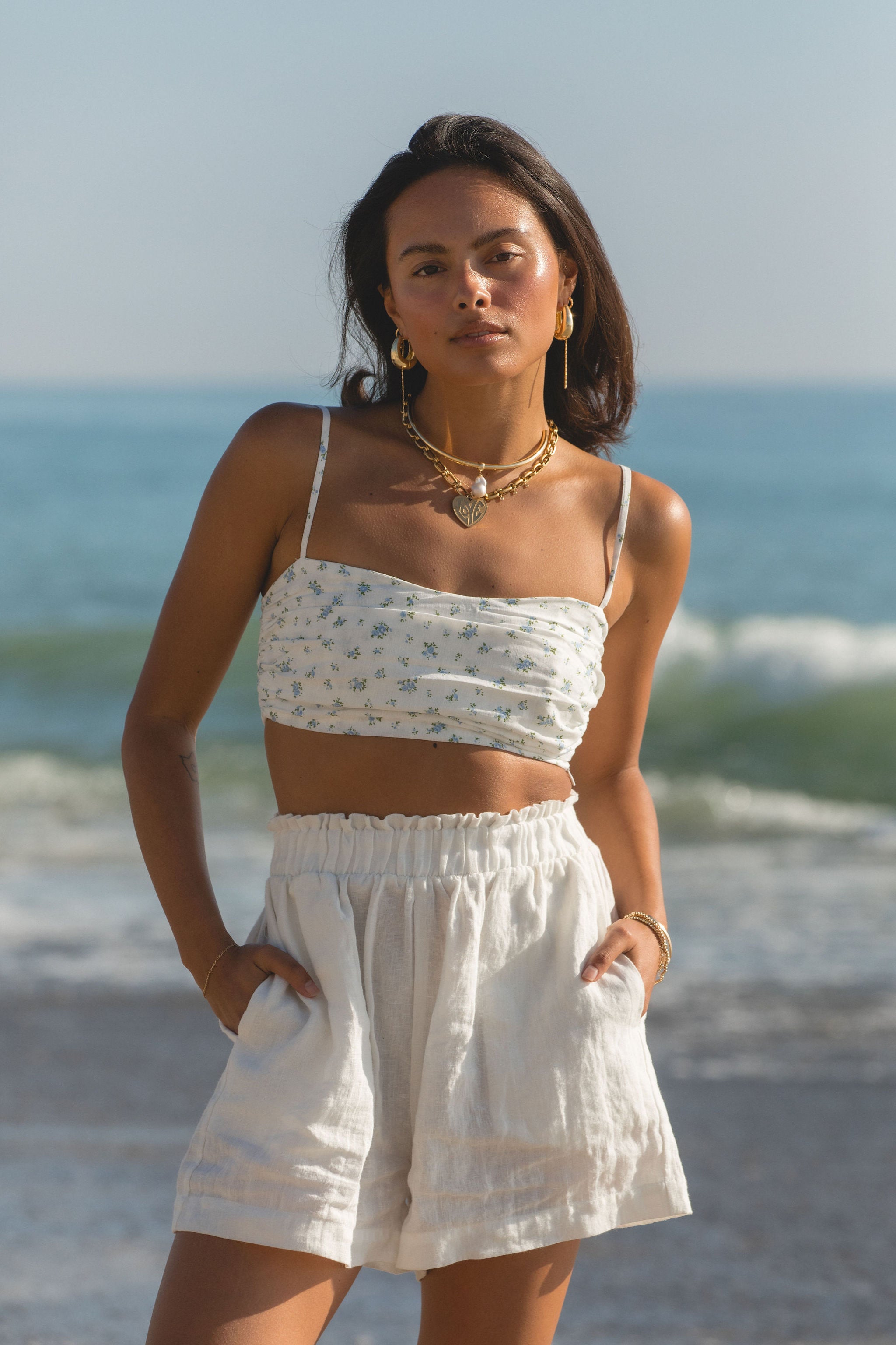 Talia Floral Cropped Top Women's Summer Short Sleeve Blouse - Perfect for Beach Vacations, Music Festivals & Date Nights