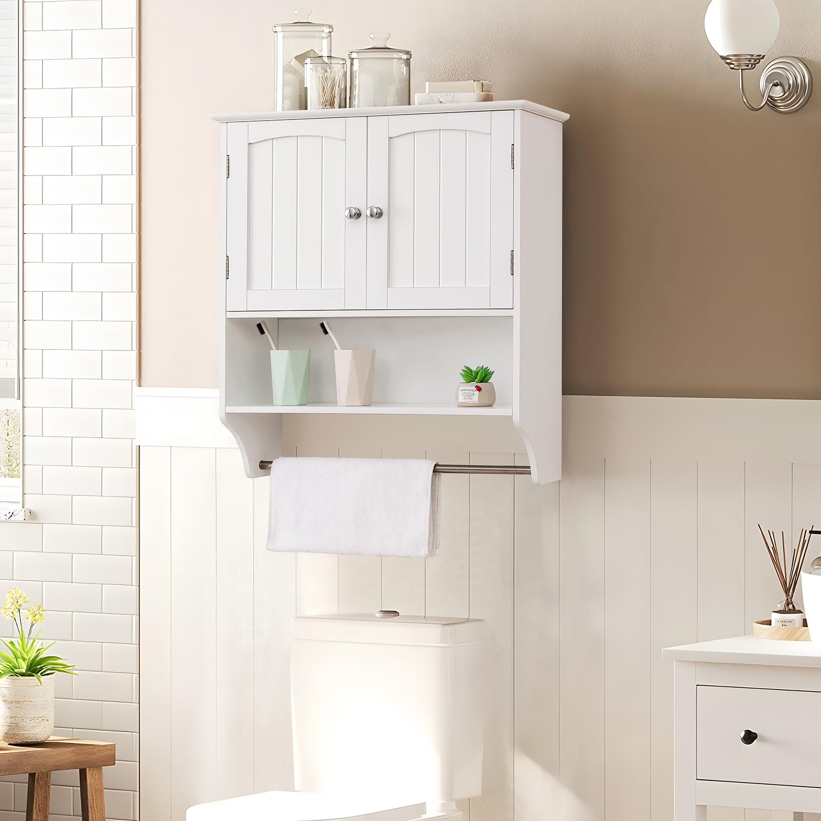 Iwell White Wall Storage Cabinet with 2 Doors & Adjustable Shelf - Bathroom Sink Organizer, Living Room Storage Solution - Perfect for Small Spaces, Toiletries & Home Decor Organization