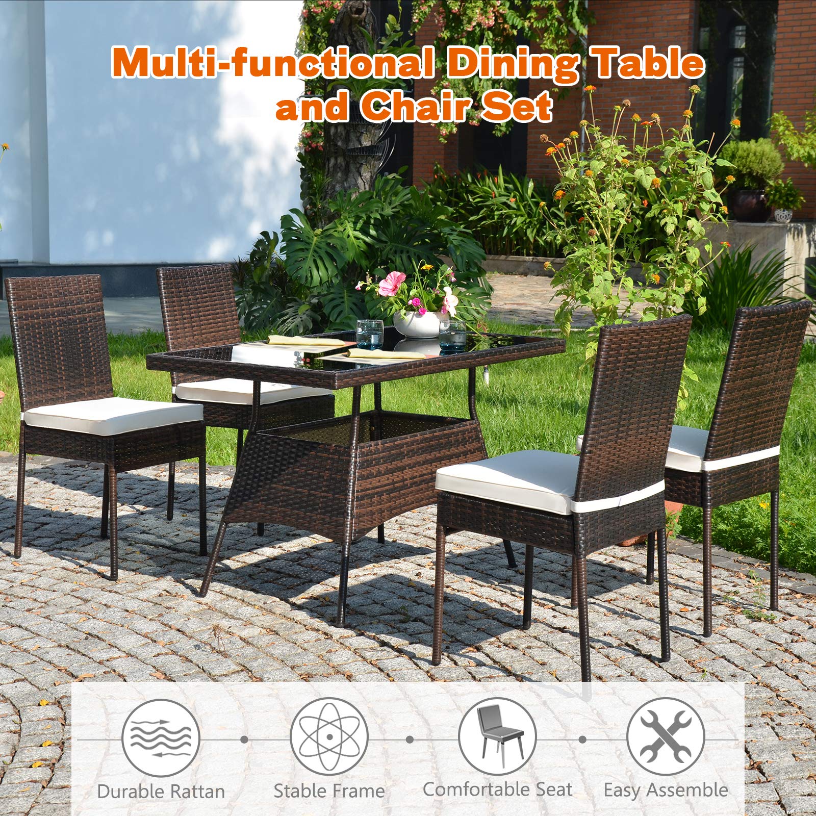 5-Piece Brown Patio Wicker Dining Set - Outdoor Rattan Table & Chairs with Tempered Glass Top & Cushions - Perfect for Backyard, Balcony, Garden & Poolside Dining