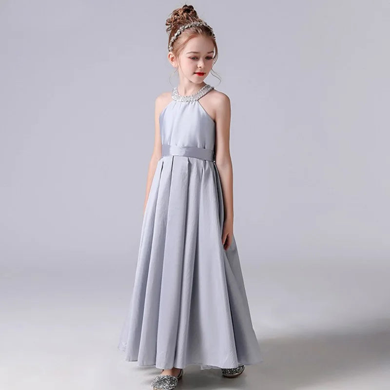 Silver Satin Halter Flower Girl Dress - Long Princess Pageant Gown for Weddings, Baptisms & Special Occasions