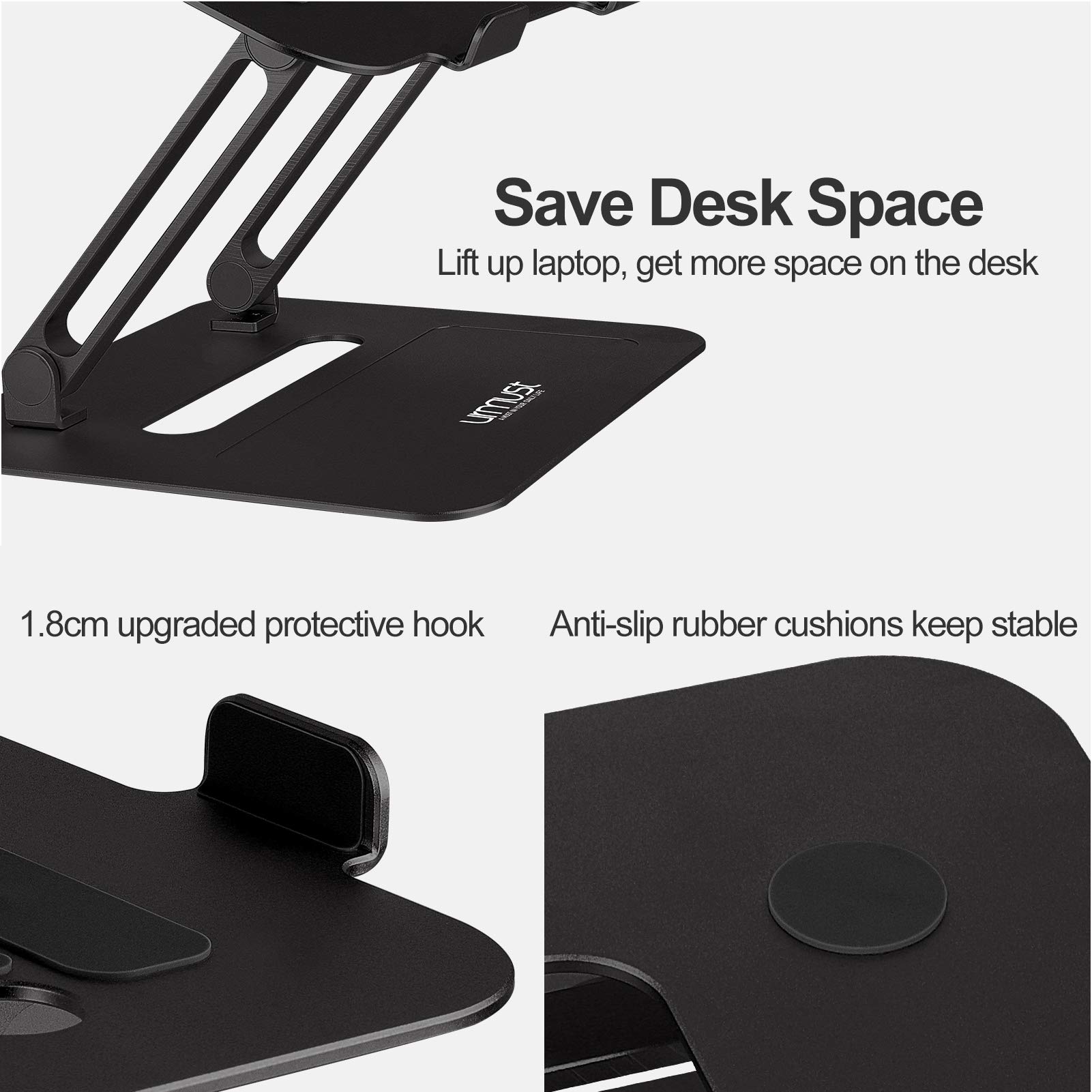 Urmust Adjustable Aluminum Laptop Stand for Desk - Ergonomic Computer Riser Holder for MacBook Air/Pro, Ultrabooks & All 11-17 Inch Laptops (Black) | Perfect for Home Office, Gaming & Workspace Setup