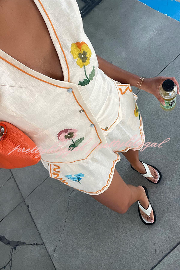 Stylish Summer Flower Printed Linen Blend Vest & Elastic Waist Shorts Set with Pockets - Casual Outfit for Beach Vacation, Picnic, and Summer Fashion