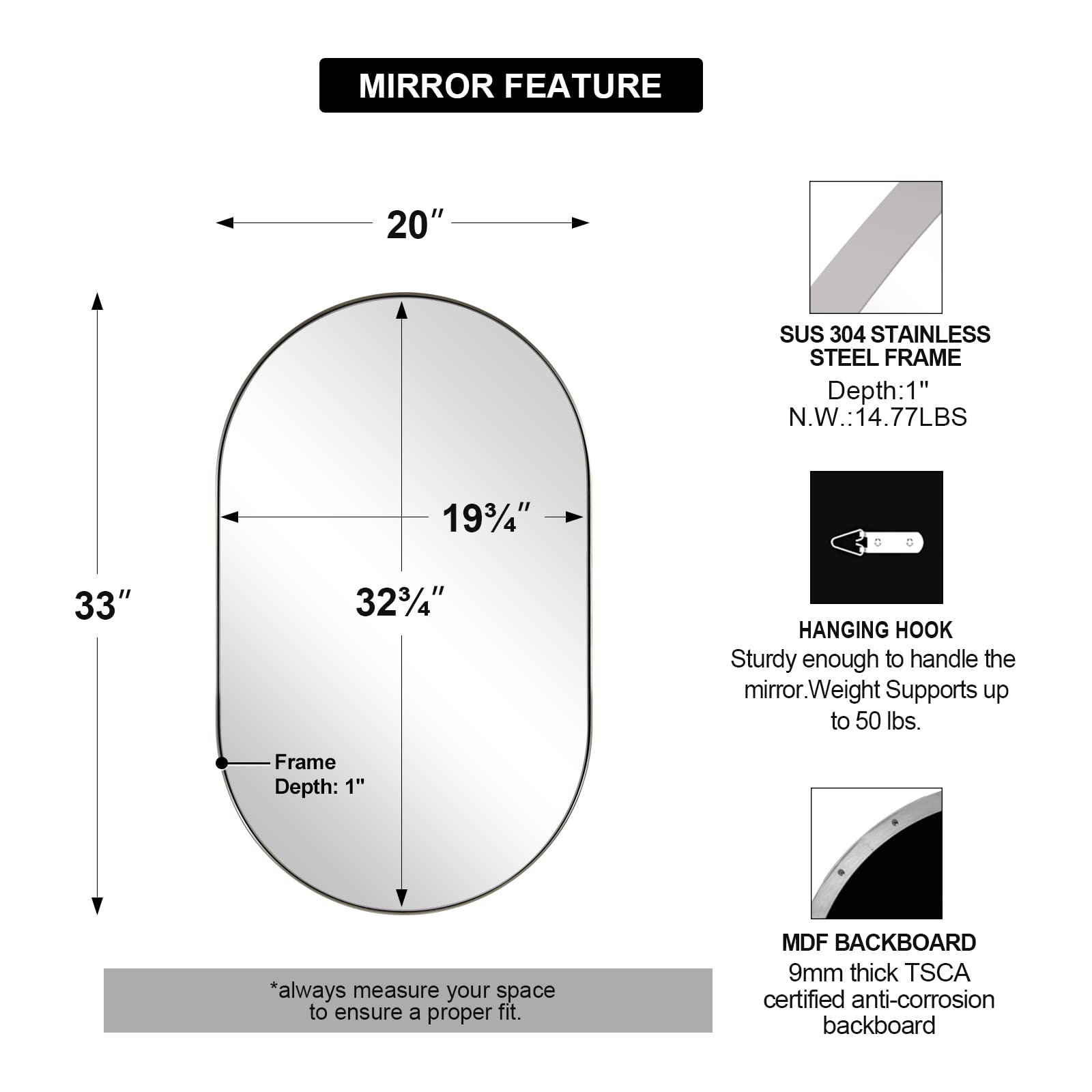 20x33 Inch Oval Chrome Bathroom Mirror - Polished Silver Thin Frame Wall Mirror for Limited Space | Perfect for Small Bathrooms, Vanities, and Powder Rooms