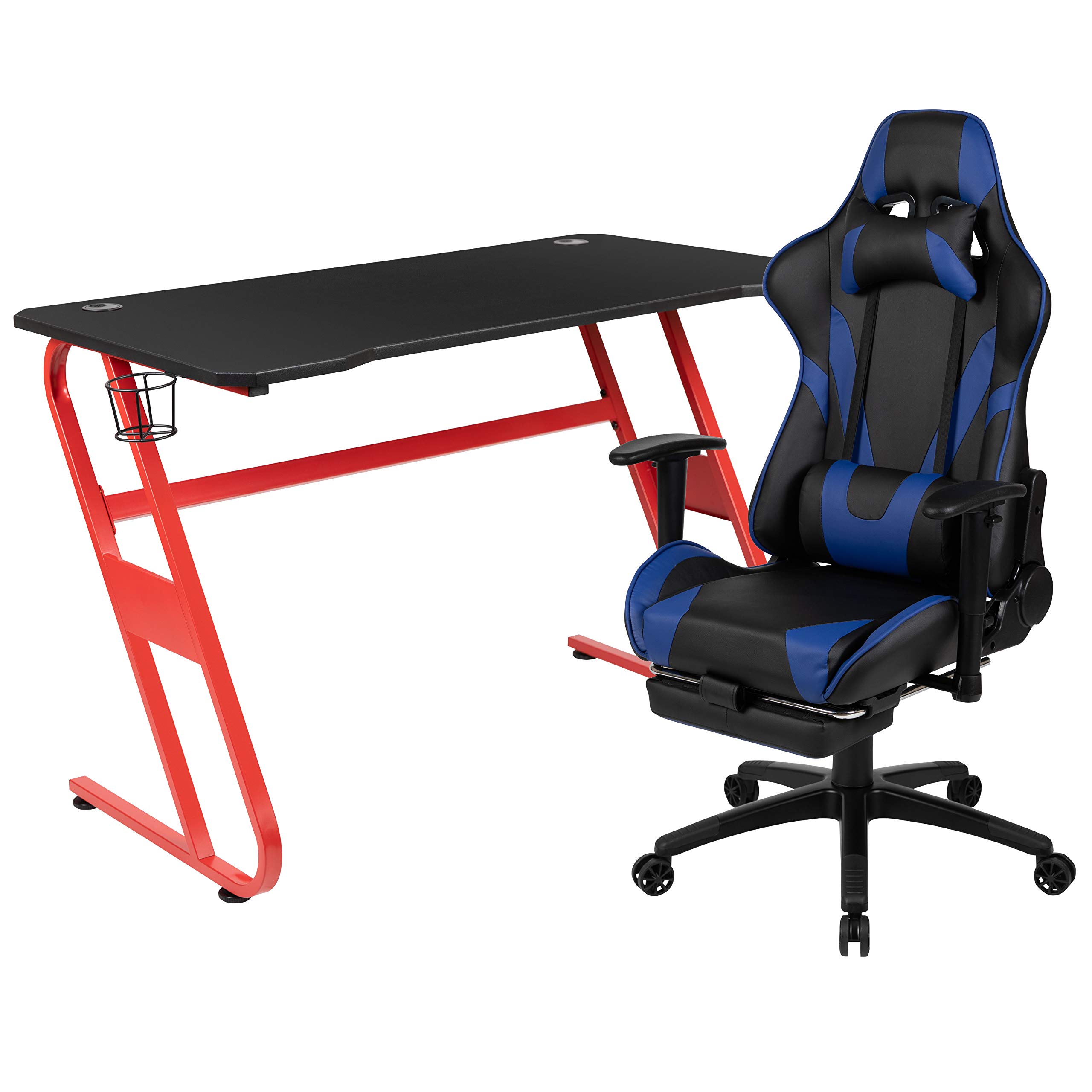 Red Gaming Desk with Cup Holder & Headphone Hook - Blue Reclining Gaming Chair with Footrest - Perfect for PC Gaming Setup, Streaming & Home Office