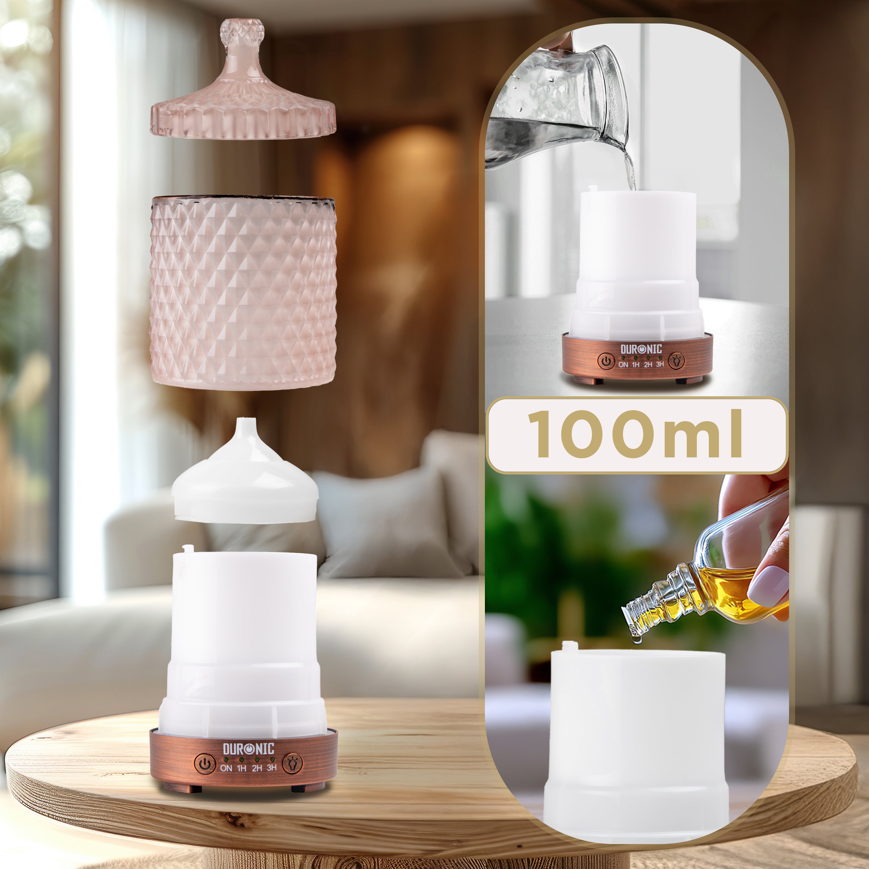 Duronic AD32 100ml Aromatherapy Essential Oil Diffuser with 7 Color LED Lights | Compact Ultrasonic Humidifier for Home, Office, Bedroom & Spa | Perfect for Relaxation, Sleep & Stress Relief | White Noise Machine Alternative