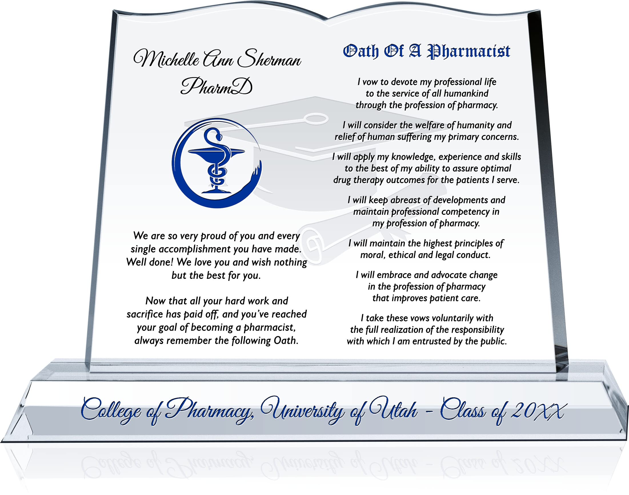 Personalized Crystal Book Shaped Pharmacy School Graduation Plaque - Custom Engraved with Name & Degree Details - Unique Pharmacist Gift for Son or Daughter (12 Inch) - Perfect for Graduation Ceremony, Office Display or Home Decor