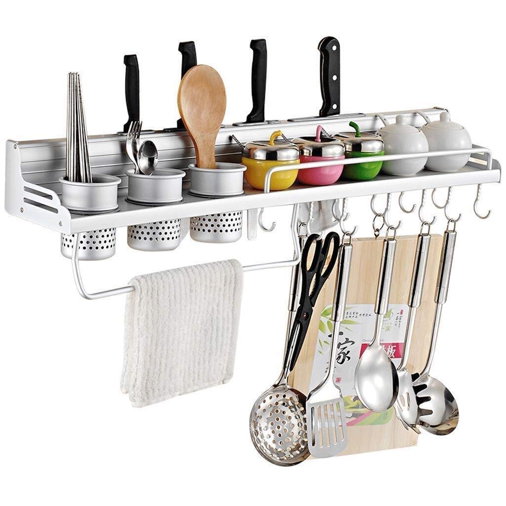 Multifunctional Wall Mounted Kitchen Storage Shelf - Pot Pan Rack with Bottle Holder & Silverware Hooks - 80 cm Space Saving Organizer for Pots, Utensils, Spices & Books - Perfect for Small Kitchens, Pantries & Home Organization
