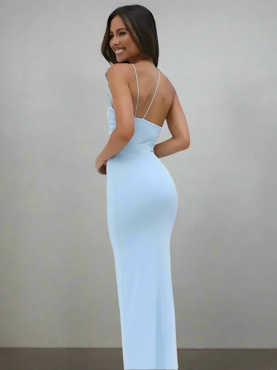 Elegant Backless 3D Floral Applique Long Evening Dress for Women - Blue & Black Summer Party Gown | Perfect for Formal Events, Weddings & Prom Nights